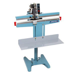 18 inch foot impulse bag sealer with hot stamp coder. bag sealer is shown with open sealing jaw and JORES TECHNOLOGIES® logo.