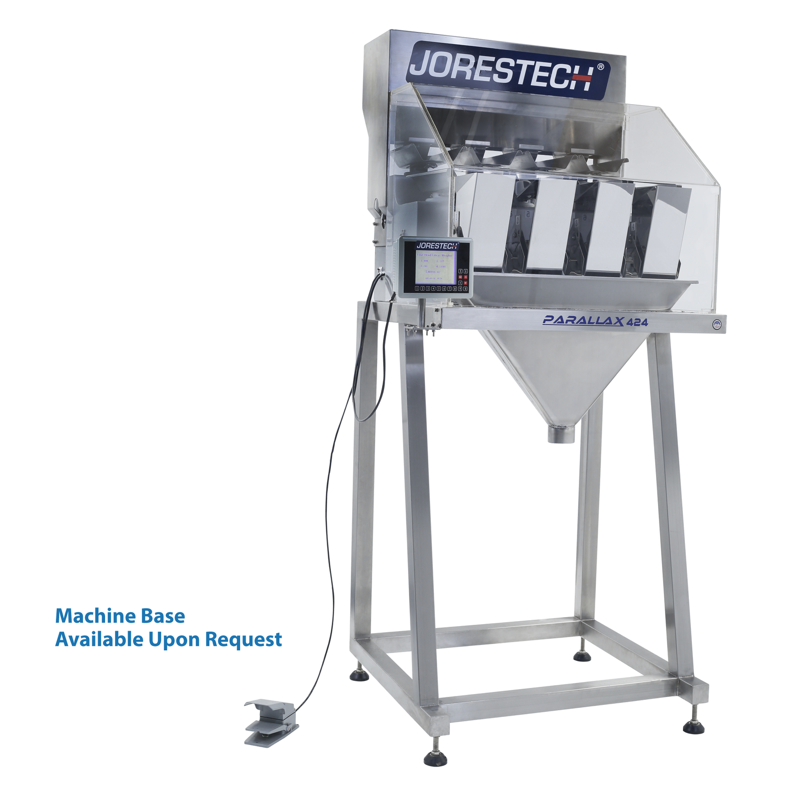 The JORES TECHNOLOGIES® stainless steel 4-head linear weigher shown in a frontal view placed in its stand which can be sold upon request