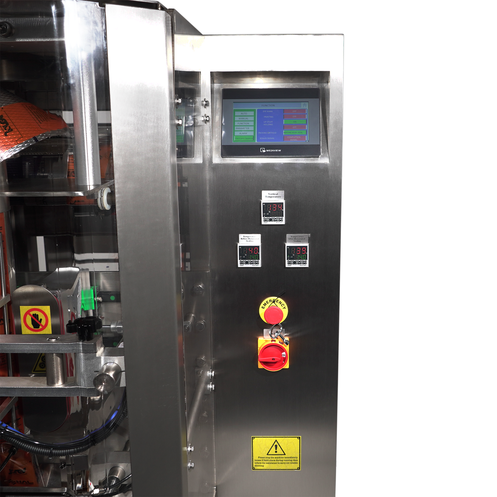Digital control panel on an automatic vertical pillow bag forming, filling and sealing machine for packaging