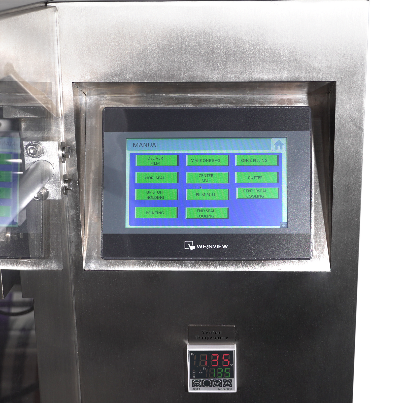 Close up of the digital control panel on an automatic vertical pillow bag forming, filling and sealing machine for packaging