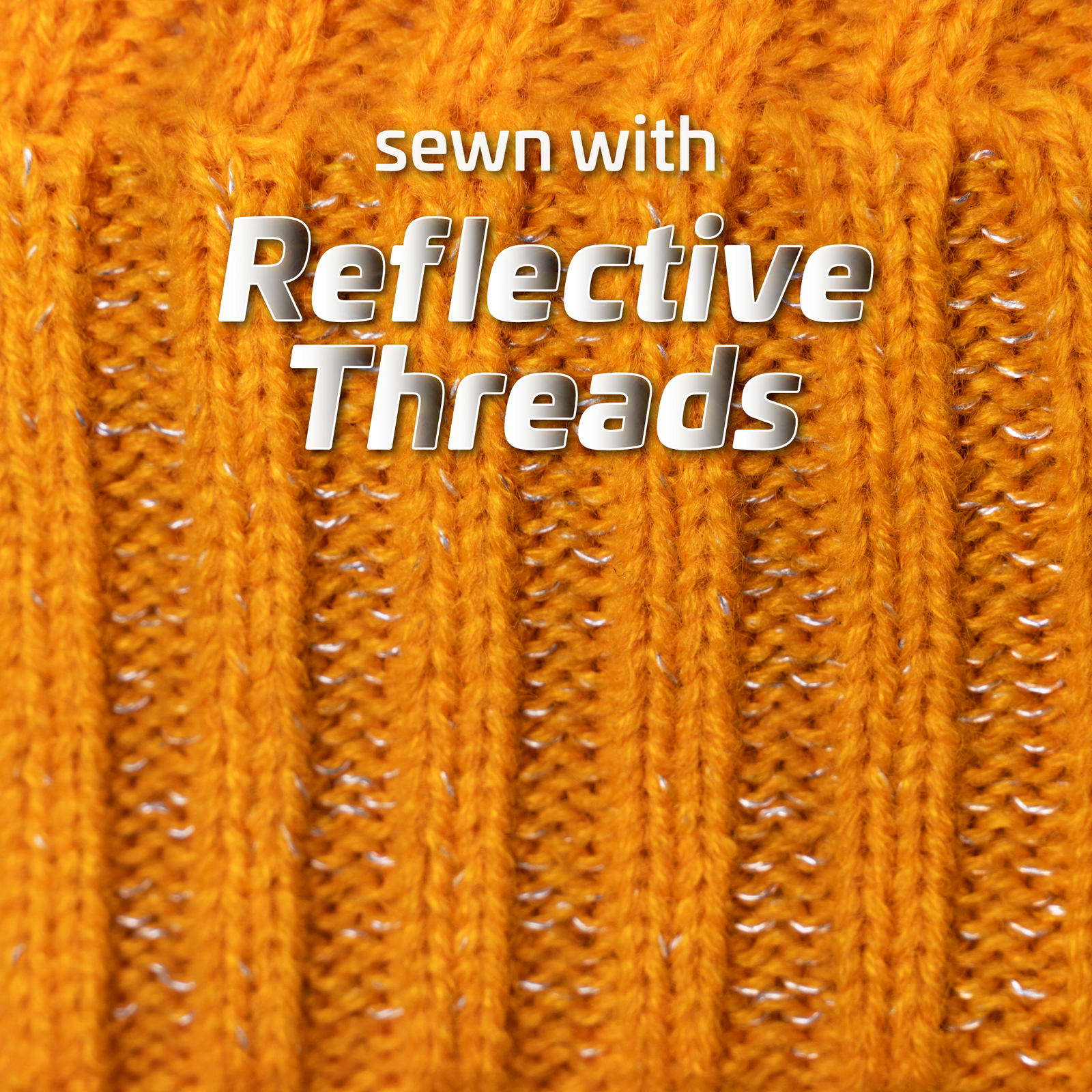 Close up of the Orange knitted beanie with reflective stitching