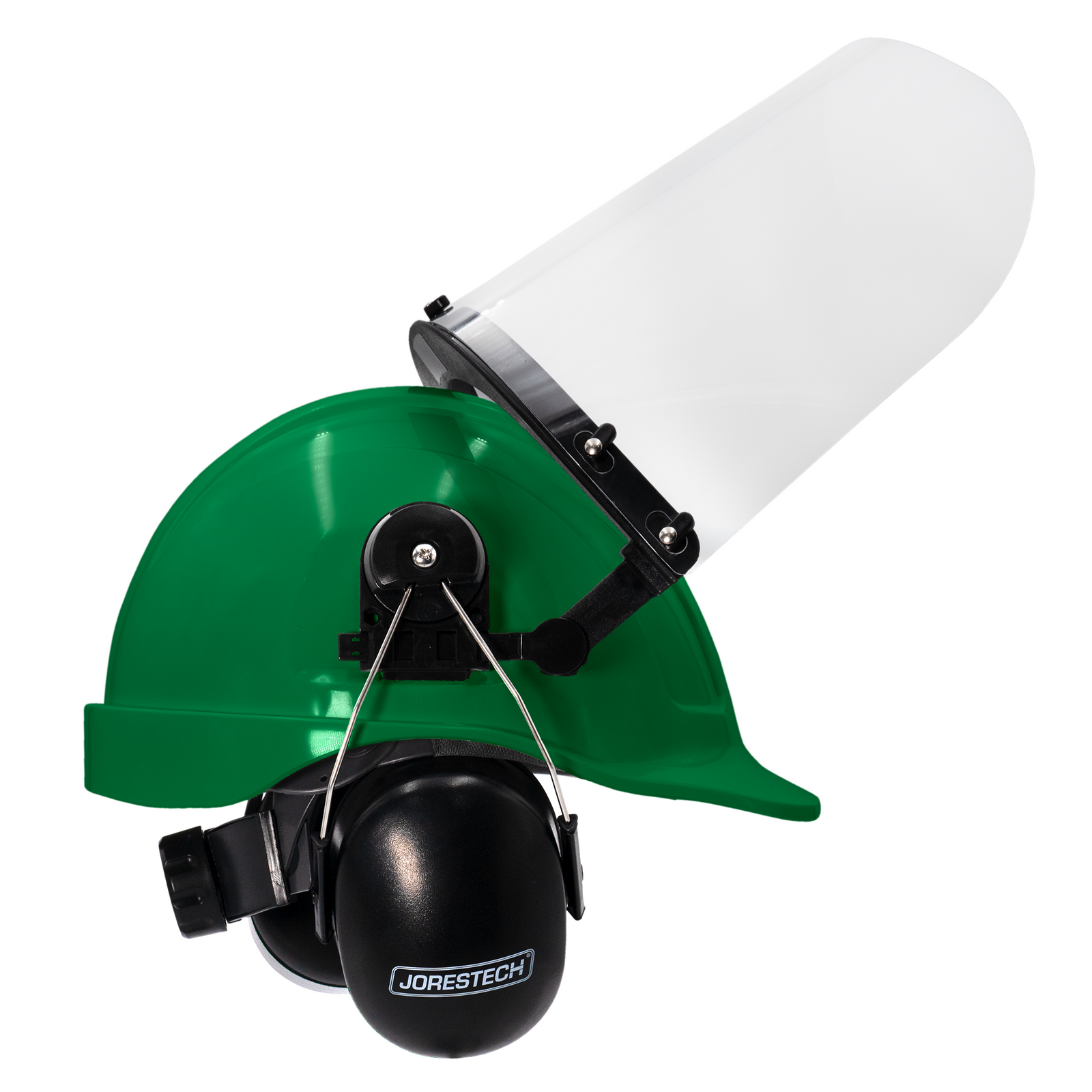 Green cap style hard hat kit with mountable earmuffs and hi-transparency face shield