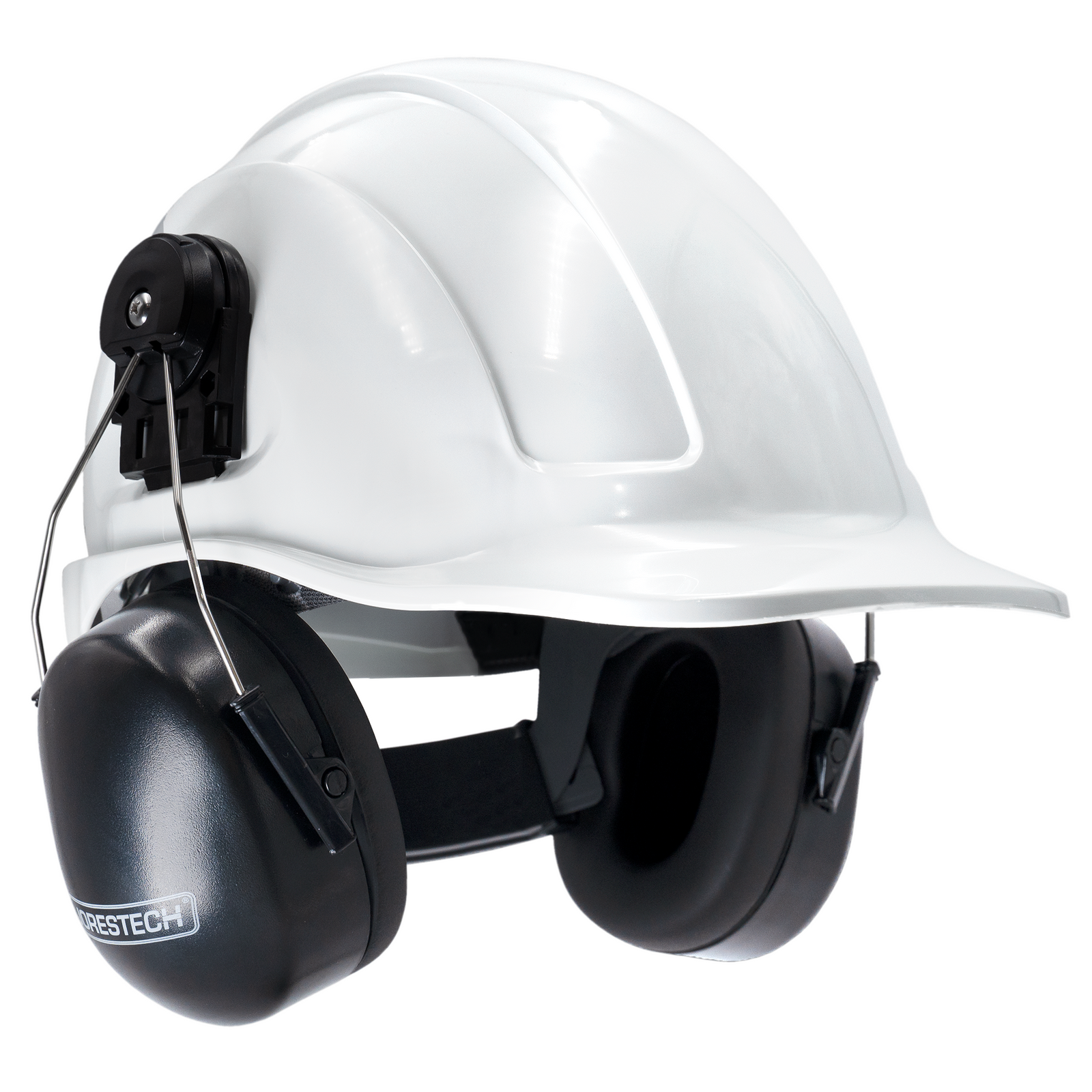 Cap style white hard hat with mountable earmuffs