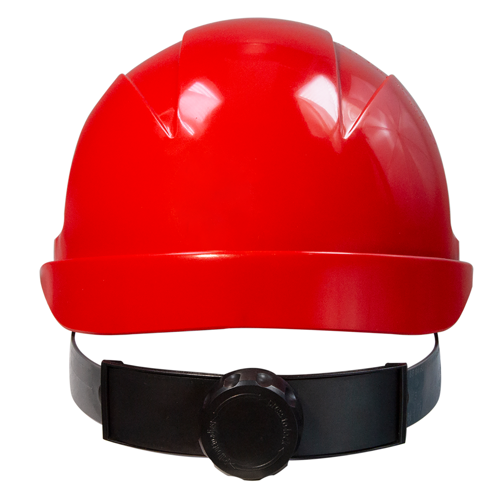 Red hard hat with size adjustable ratchet system and 4 point suspension