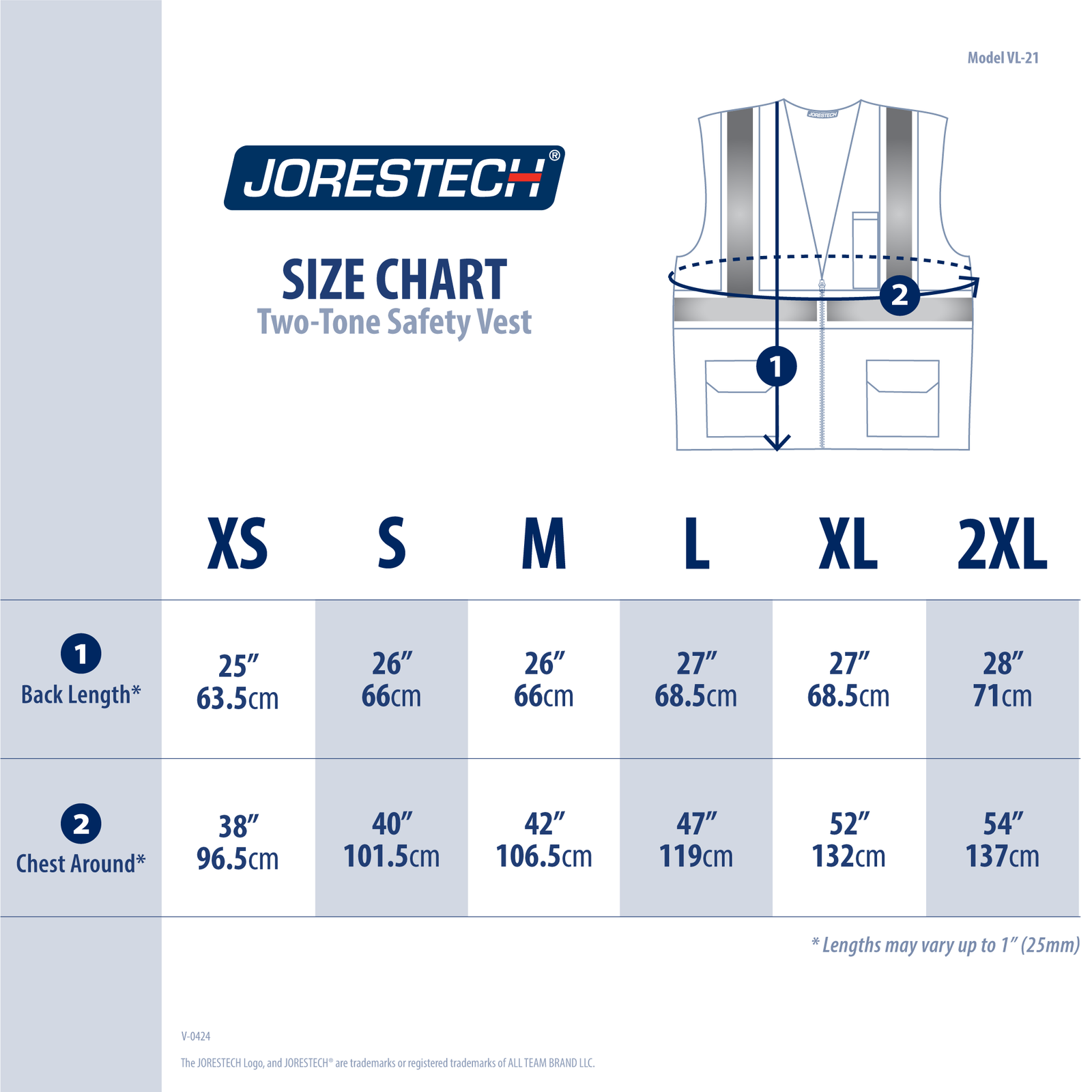 Size chart for the JORESTECH to tone reflective safety vest with pink contrast