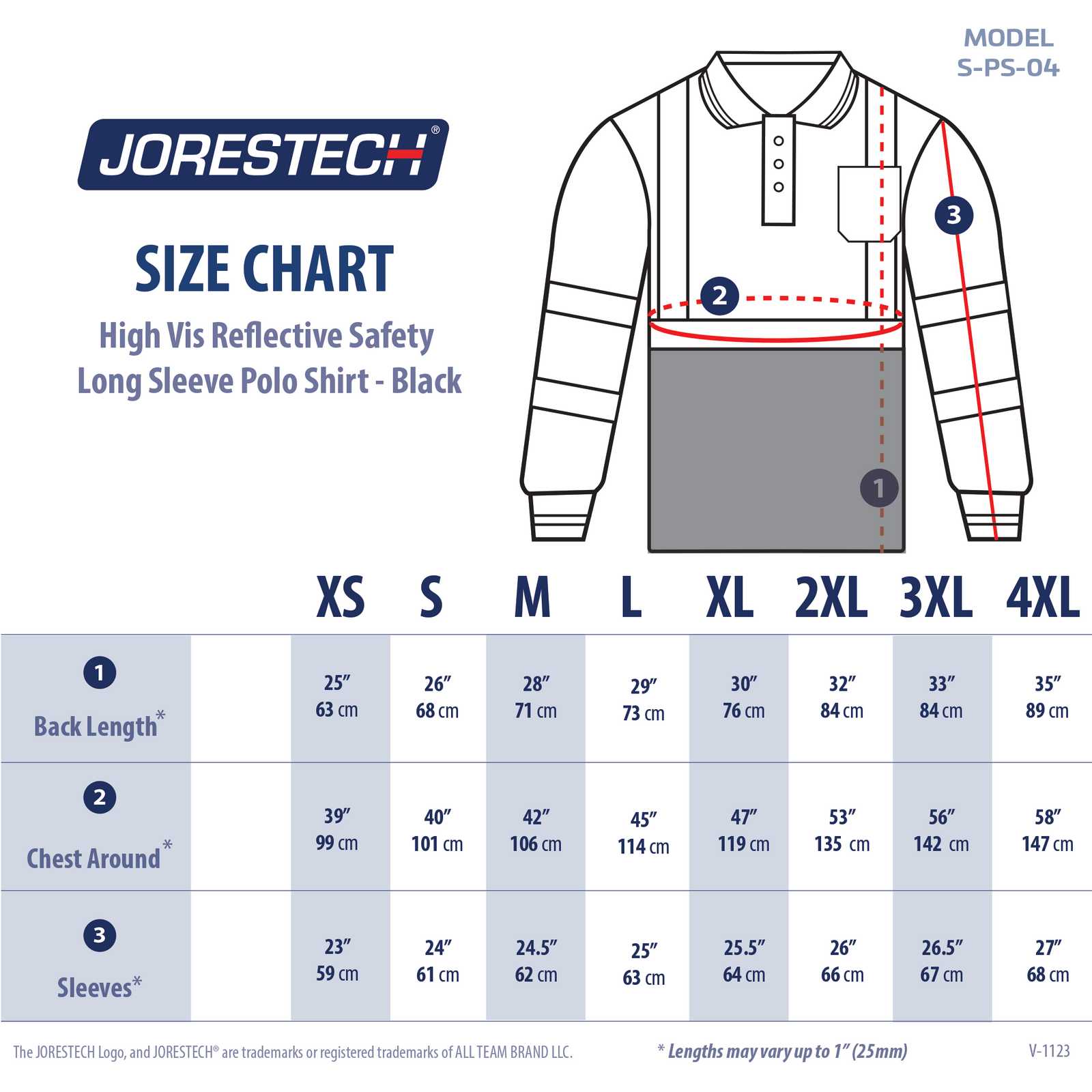Size chart of the hi vis reflective safety long sleeve polo shirt by JORESTECH®