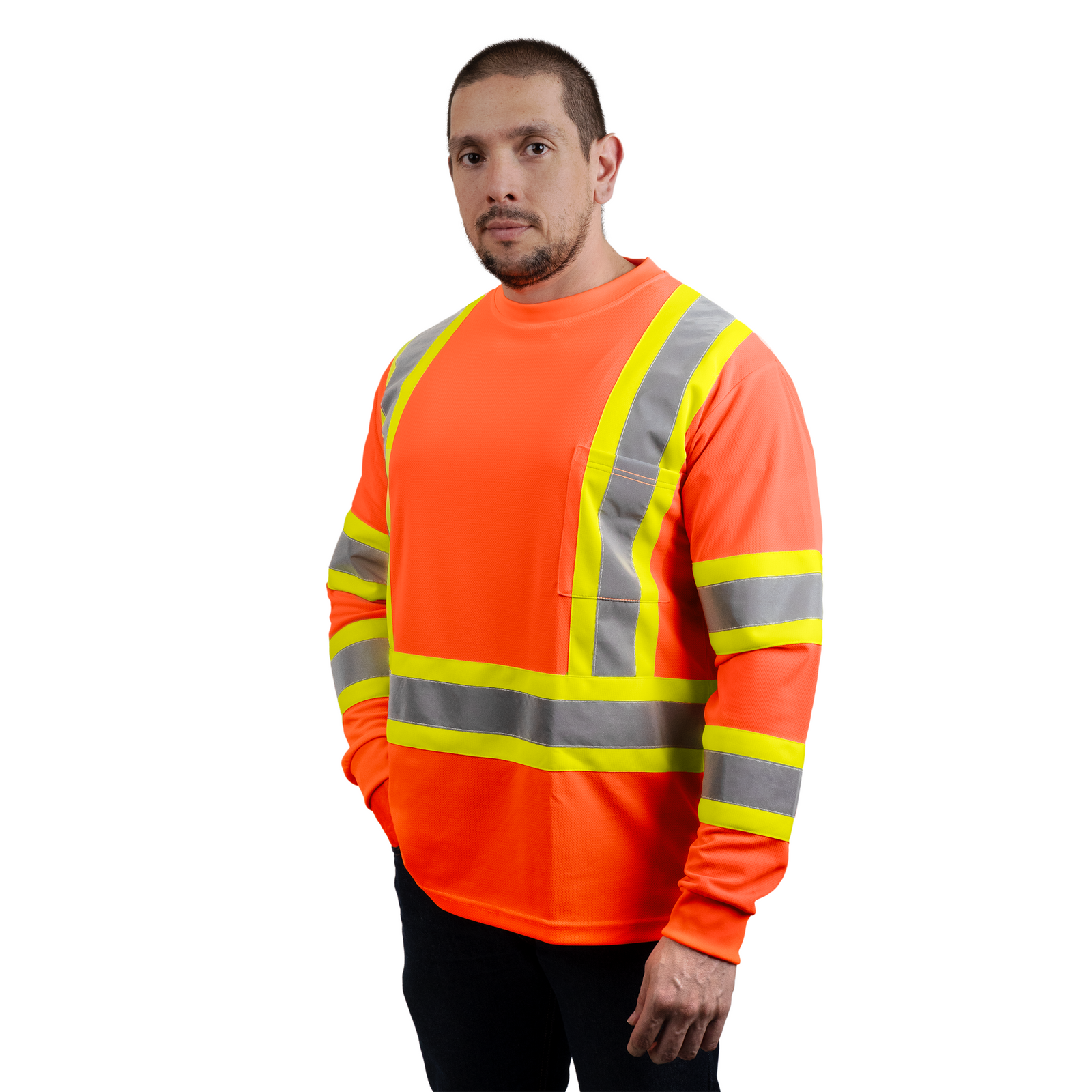 Man wearing the Orange ANSI compliant long sleeve safety shirt