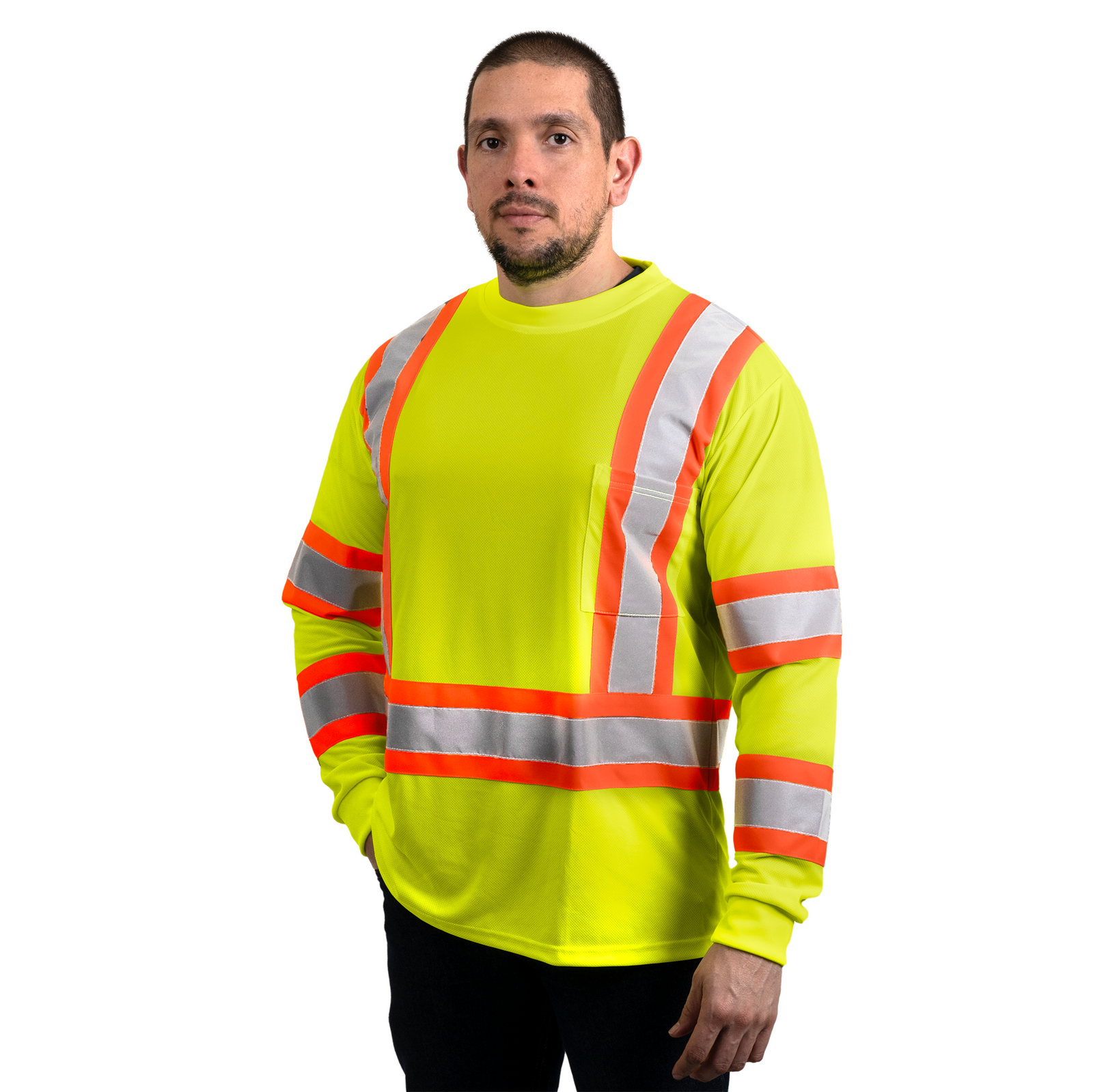 Man wearing the long sleeve JORESTECH hi-vis yellow safety shirt ANSI class 3 type R