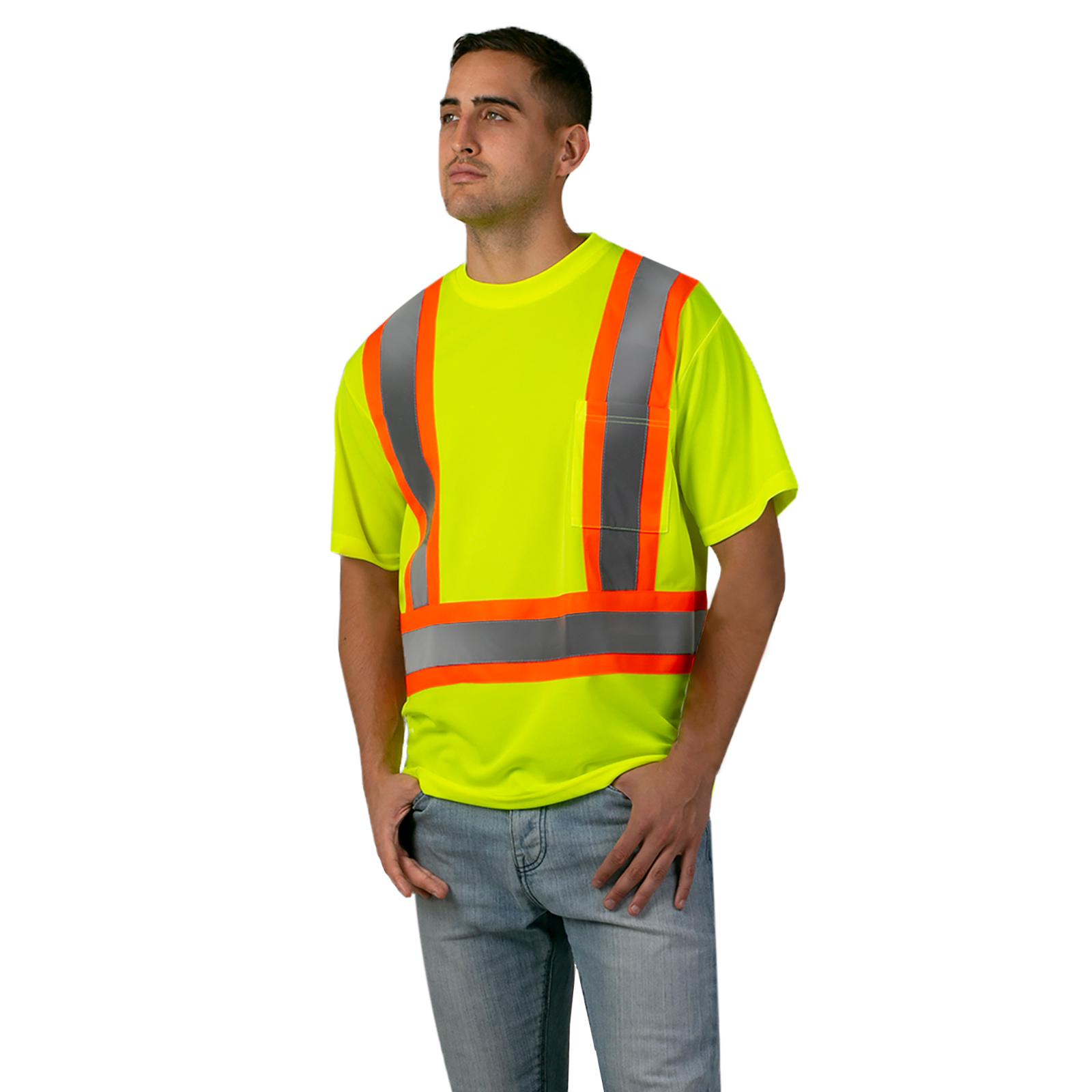 Men wearing a hi visibility lime work T shirt