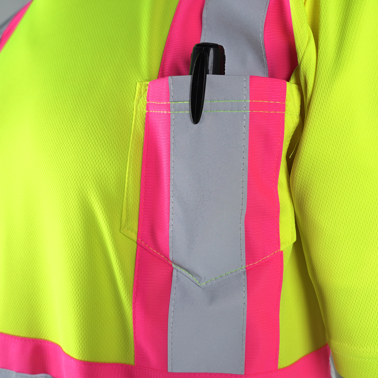 Hi-Vis Reflective Two Tone Safety Shirt with Pink Strips and chest pocket