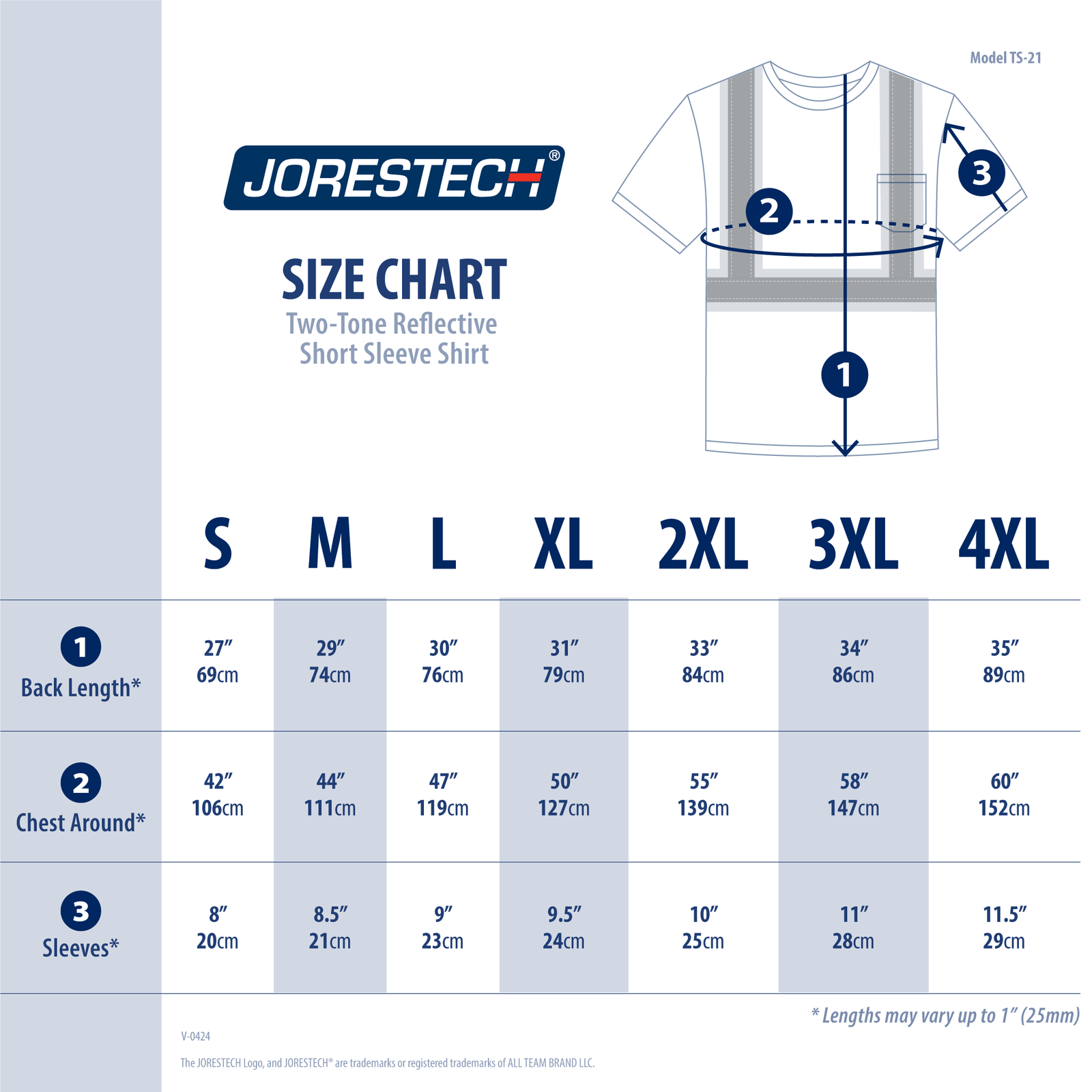 Size chart of the JORESTECH® Hi-Vis Reflective Two Tone Safety Shirt with Pink Strips