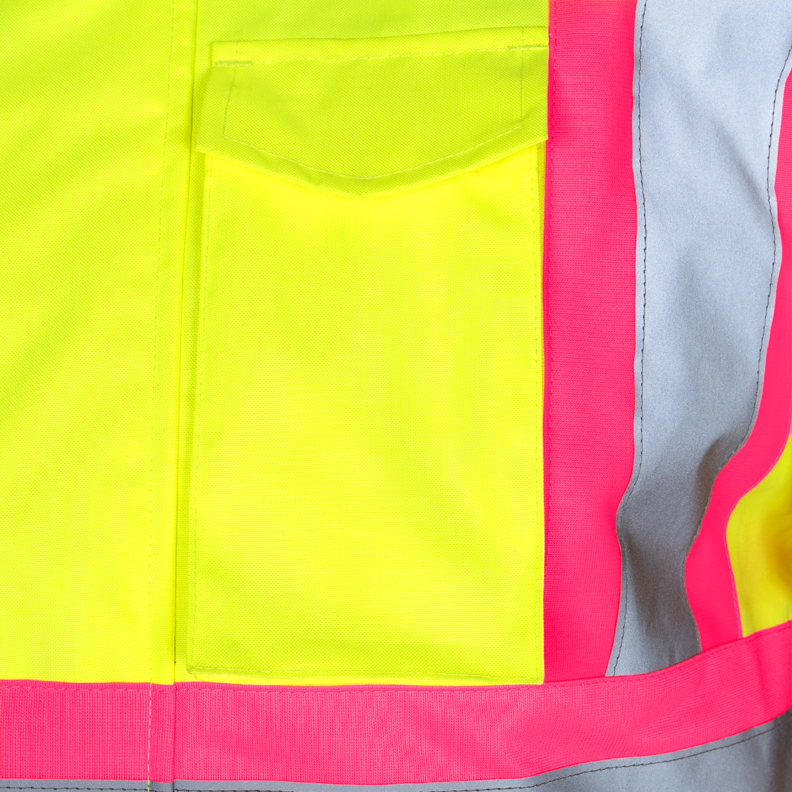 Hi vis tow tone safety jacket with reflective stripes and pink contrast with chest pocket