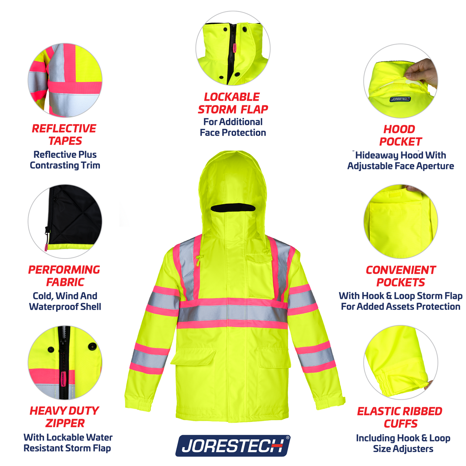 Hi vis two tone safety jacket with reflective stripes and pink contrast trim. ANSI compliant winter jacket with hideaway hoodie with performing fabric for cold, wind and waterproof protection