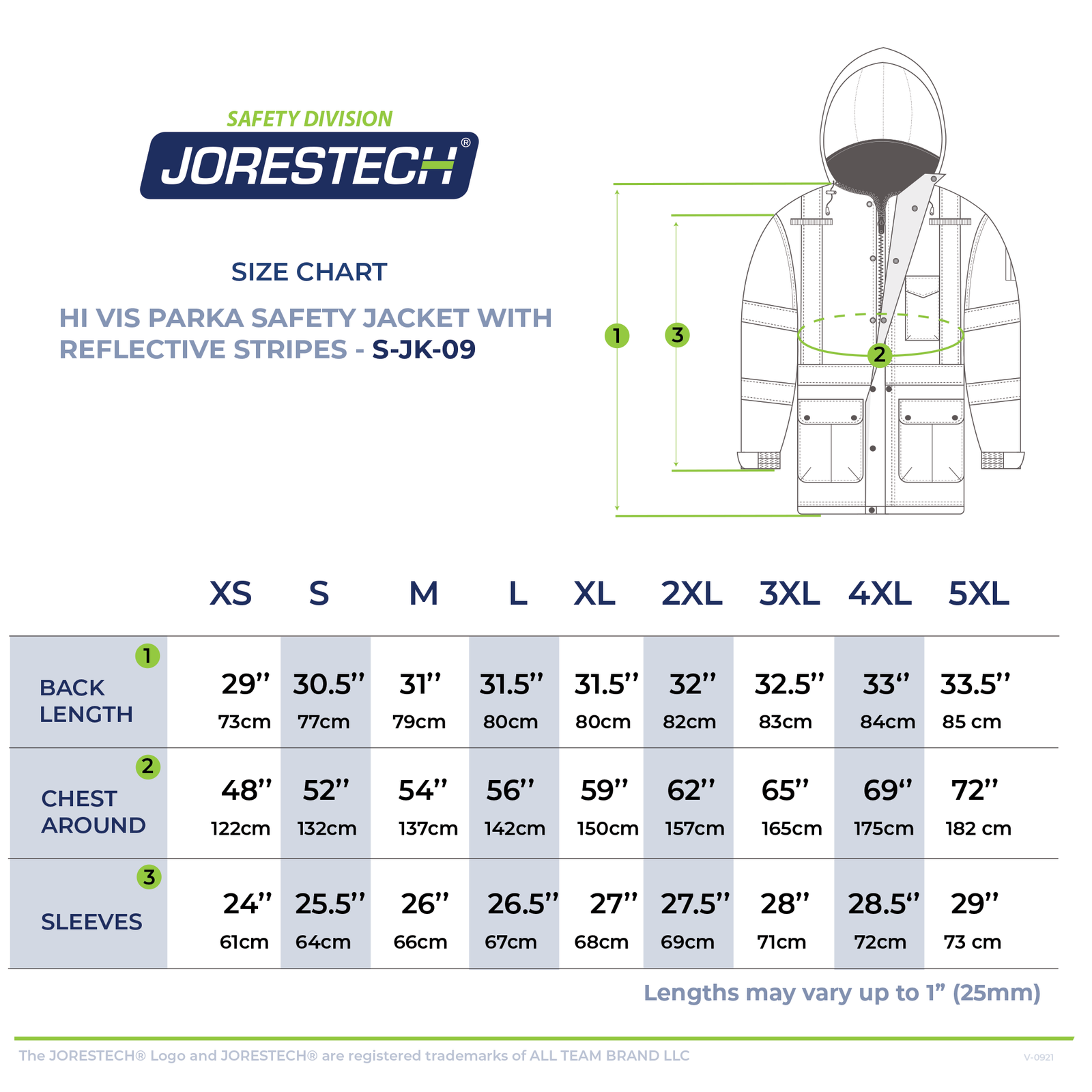 Size chart of the hi vis safety jacket with reflective stripes for winter