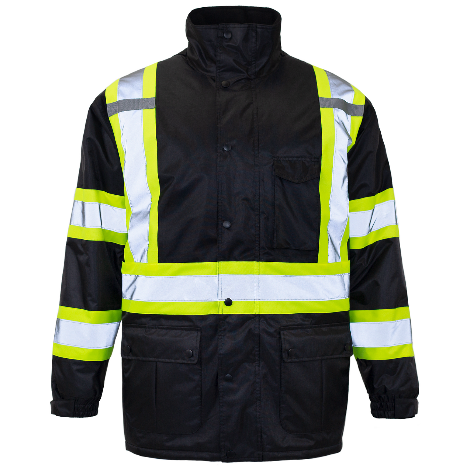 Hi-vis black and lime safety jacket with reflective stripes, radio tabs, multiple pockets and X on the back