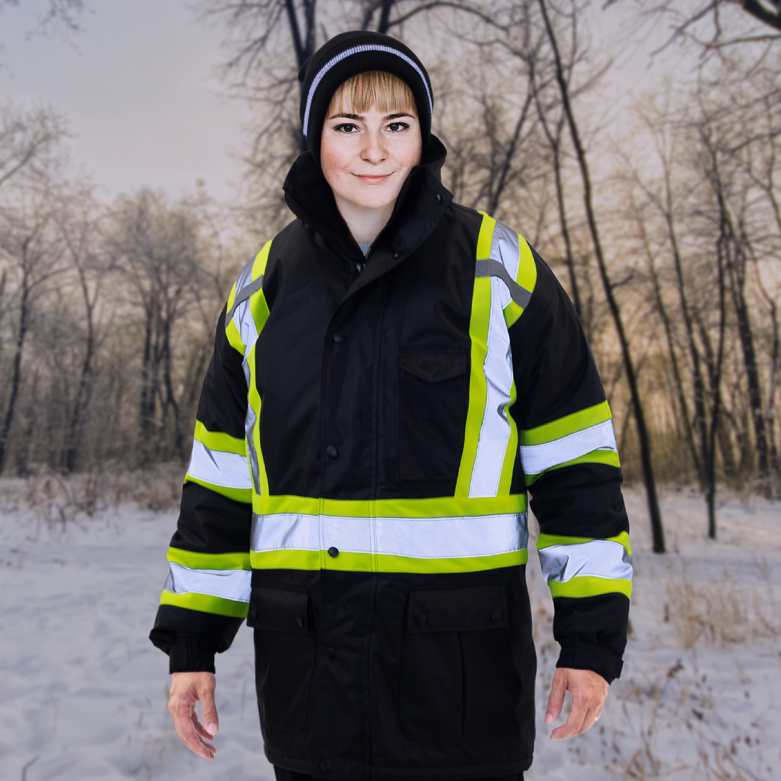 Woman wearing the insulated hi vis ANSI jacket for winter protection