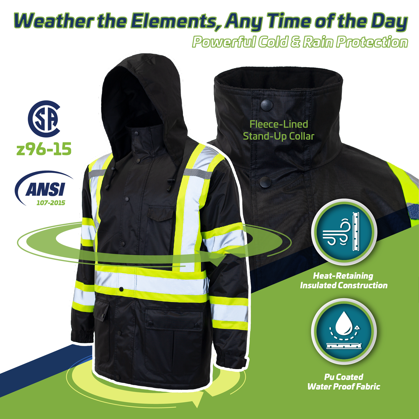 ANSI and CSA compliant Hi vis safety parka jacket color black. Text reads: fleece lined stand collar, for powerful cold and rain protection, heat retaining insulated construction and PU coated