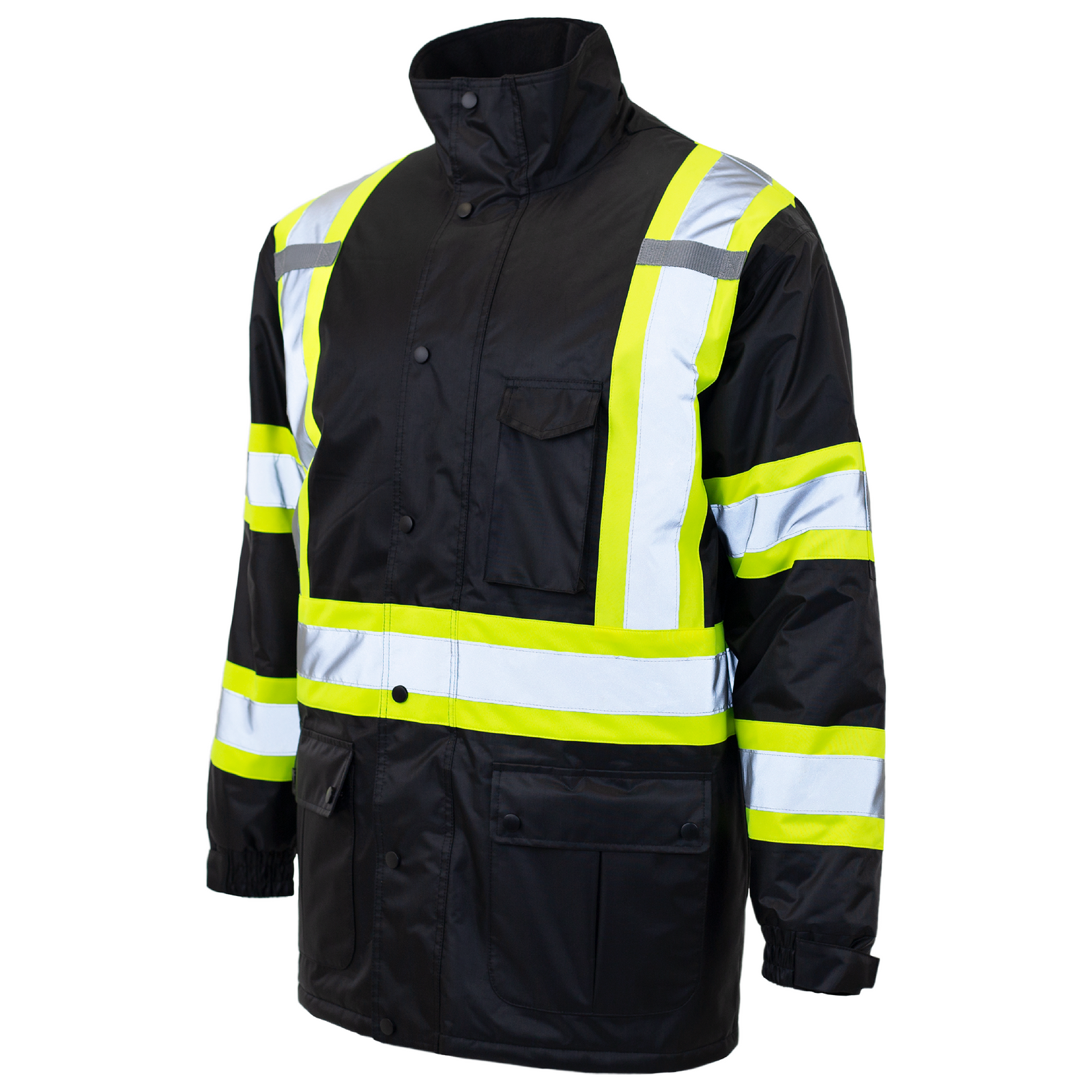 Hi-vis safety parka black insulated safety jacket with reflective stripes