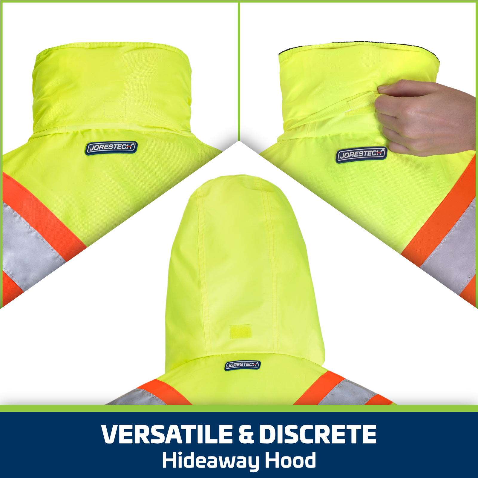 JORESTECH waterproof safety jacket with versatile and discrete hideaway hood