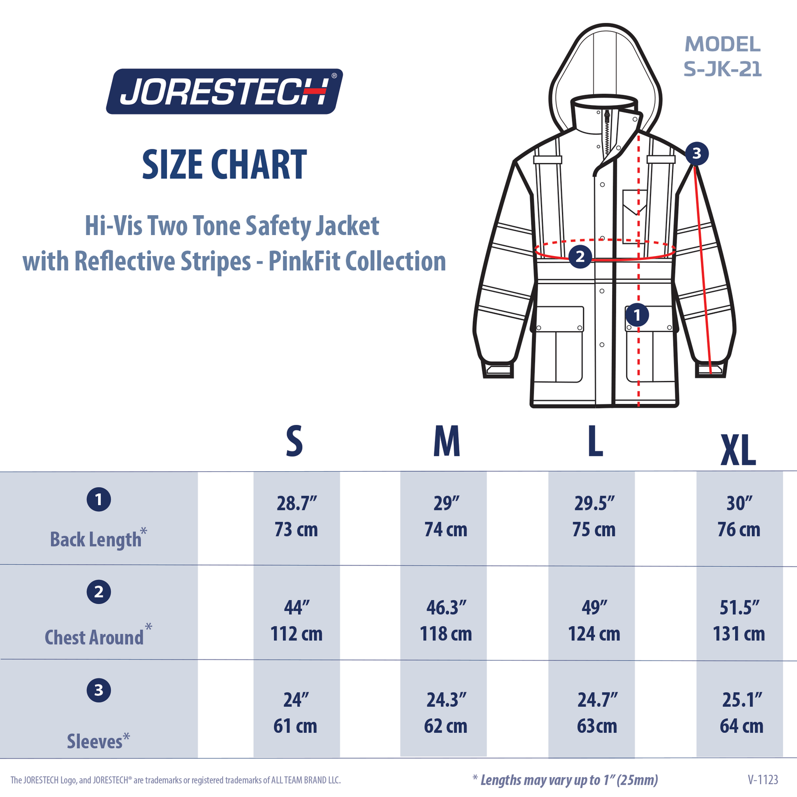 Size chart for the JORESTECH® High Vis two tone safety jacket with reflective tapes and pink contrast