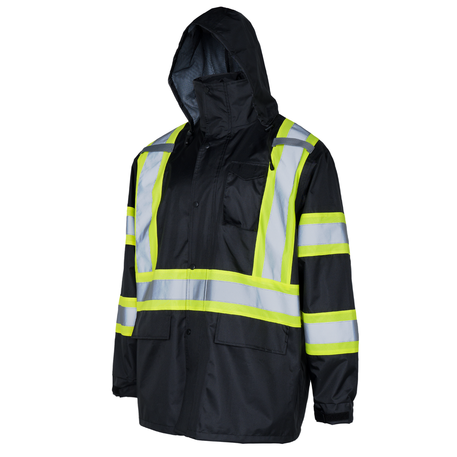 Black high visibility two tone safety rain jacket with X reflective stripes and hoodie