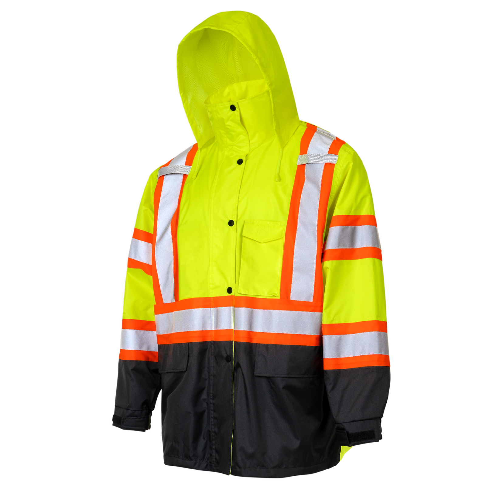 High visibility two tone safety rain jacket with X reflective stripes and hoodie