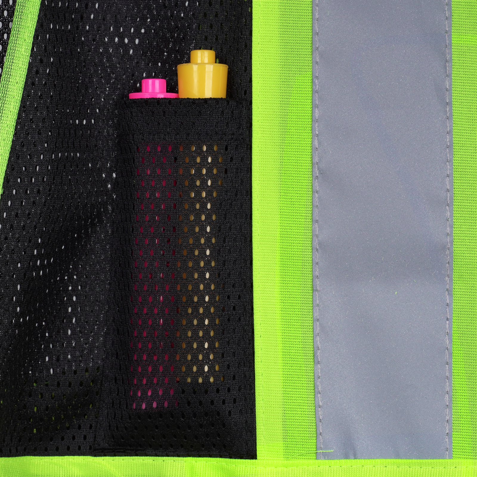 High vis two toned black mesh safety vest with 2 inches reflective strip and chest pockets for pends and markers