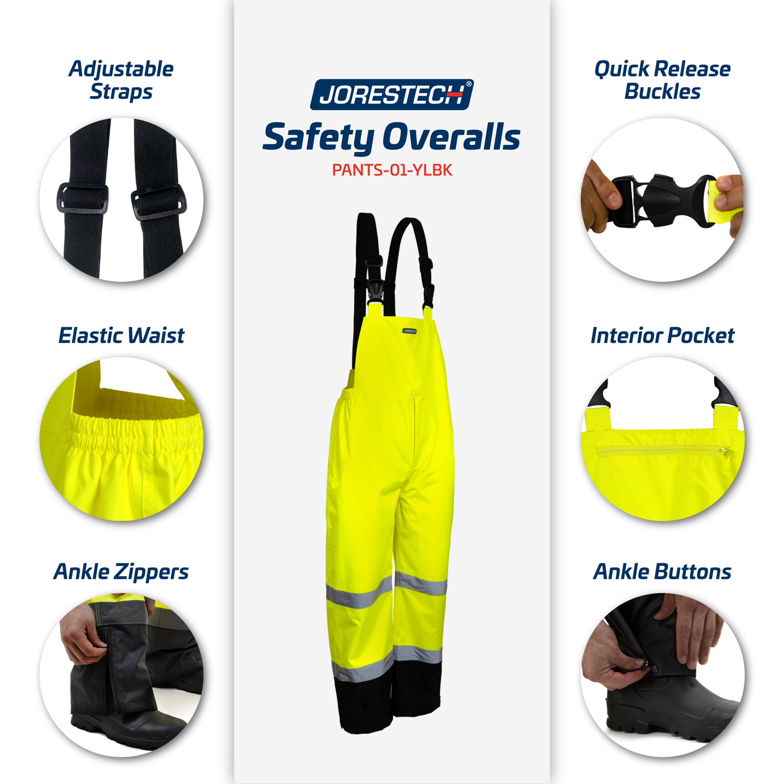 High visibility safety overall pants with reflective stripes and adjustable straps.