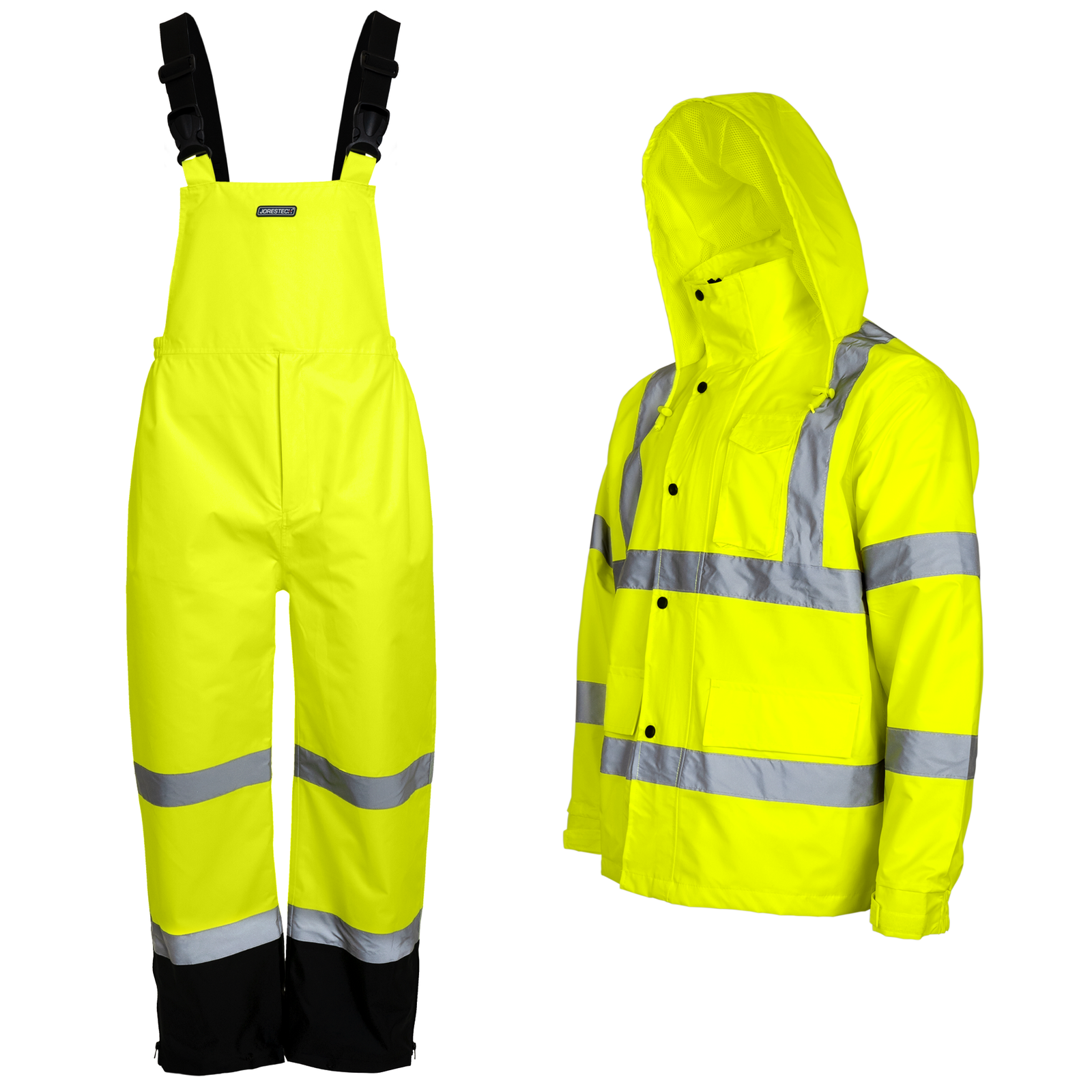 HI- visibility waterproof safety rain set overall pants with adjustable shoulder straps and jacket with reflective strips