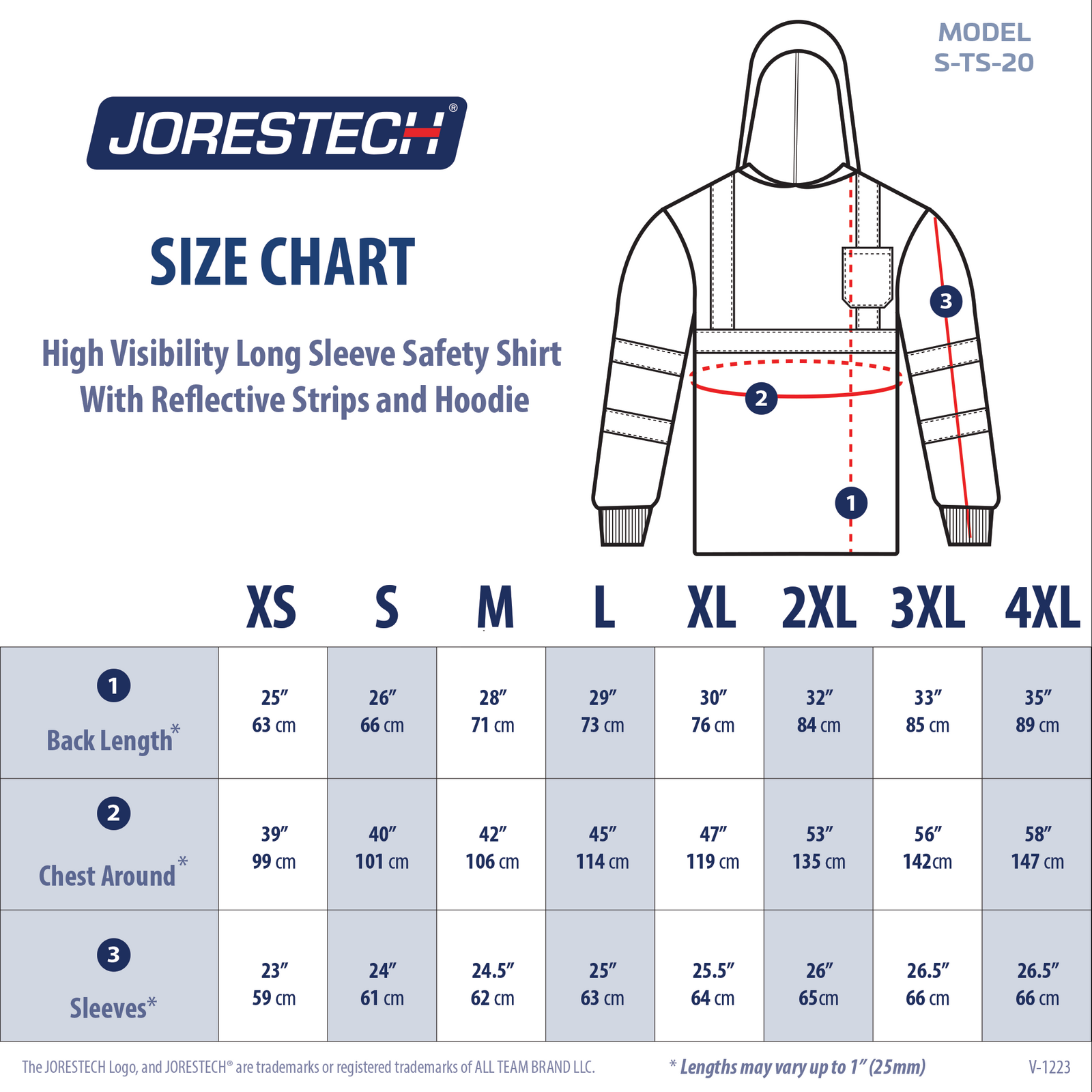Size chart for the JORESTECH® High Visibility long sleeve safety shirt with reflective tapes and hoodie
