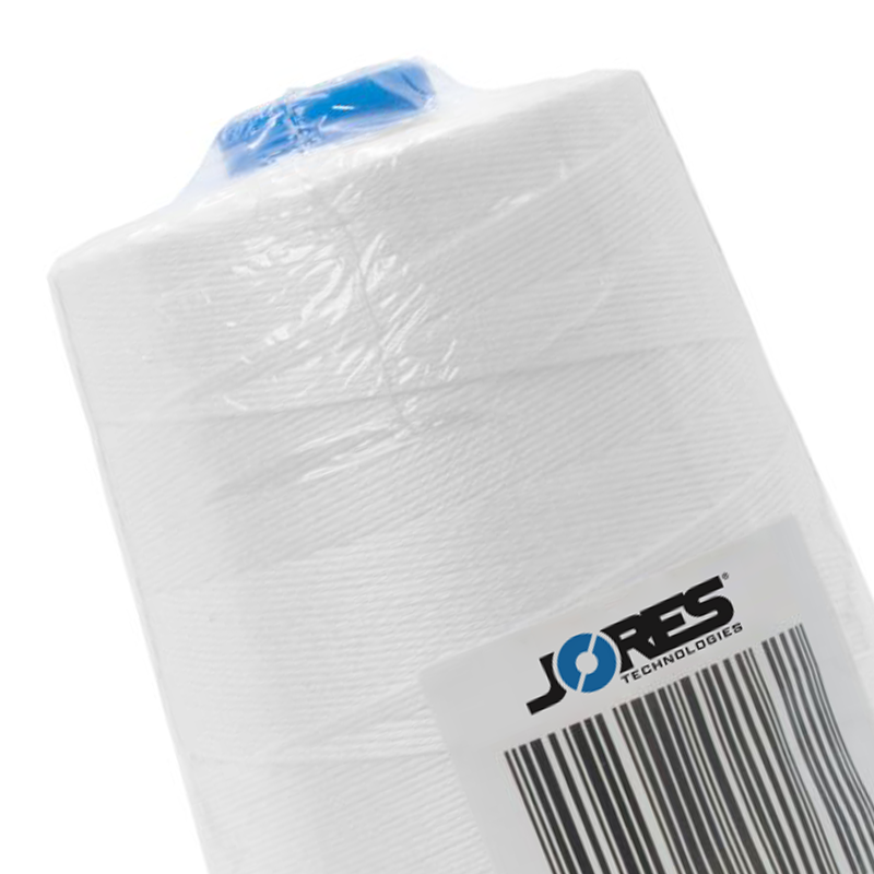 close up of white JORES TECHNOLOGIES® sewing thread spool wrapped in plastic
