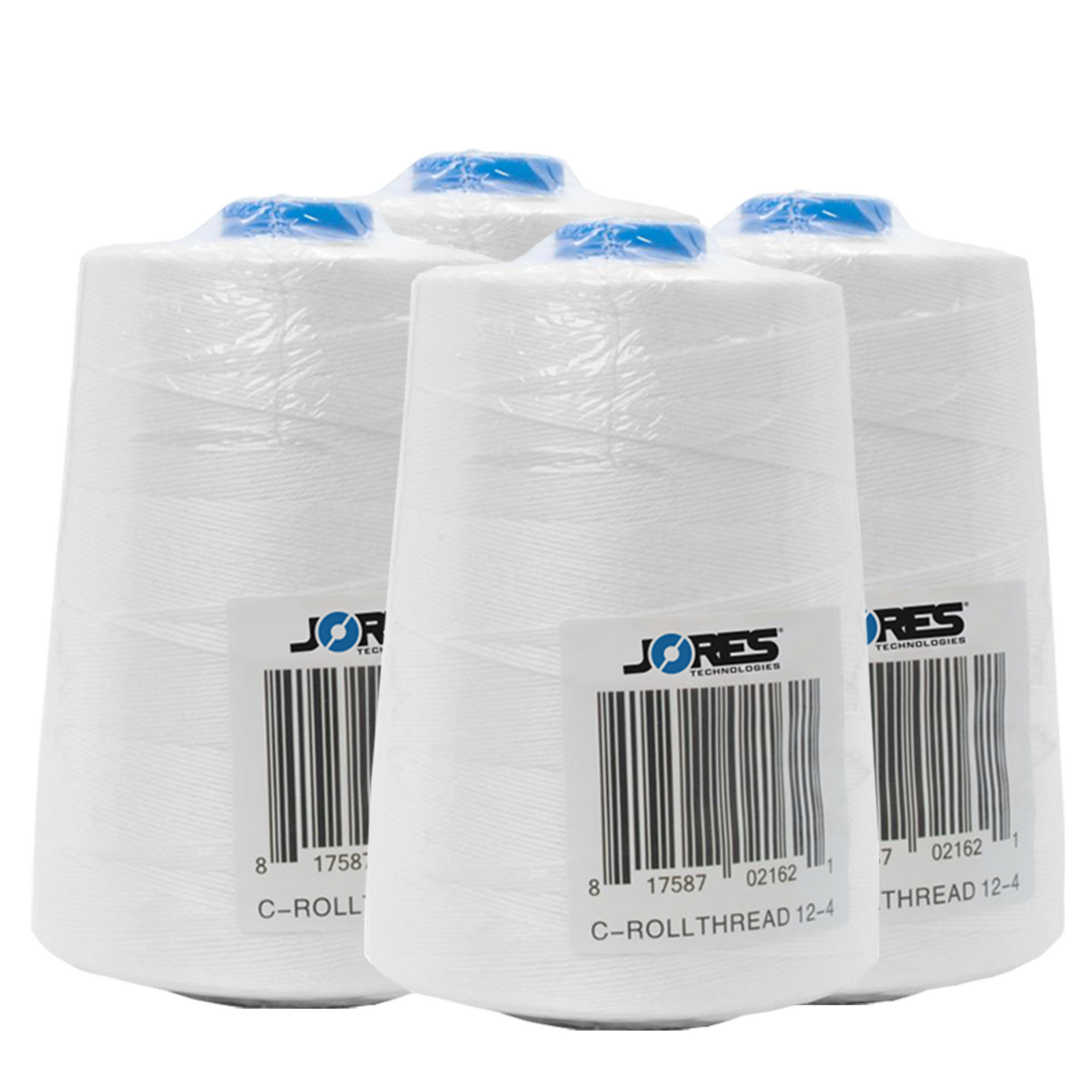 group of four white JORES TECHNOLOGIES® sewing thread spools wrapped in protective plastic for dirt protection