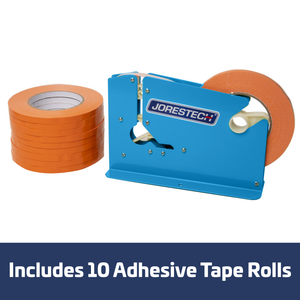A powder coated bag closer with JORES TECHNOLOGIES® logo next to 10 orange tape rolls. Blue and white banner reads Includes 10 adhesive tape rolls.