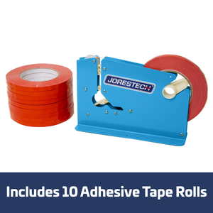 A powder coated bag closer with JORES TECHNOLOGIES® logo next to 10 red tape rolls. Blue and white banner reads Includes 10 adhesive tape rolls.
