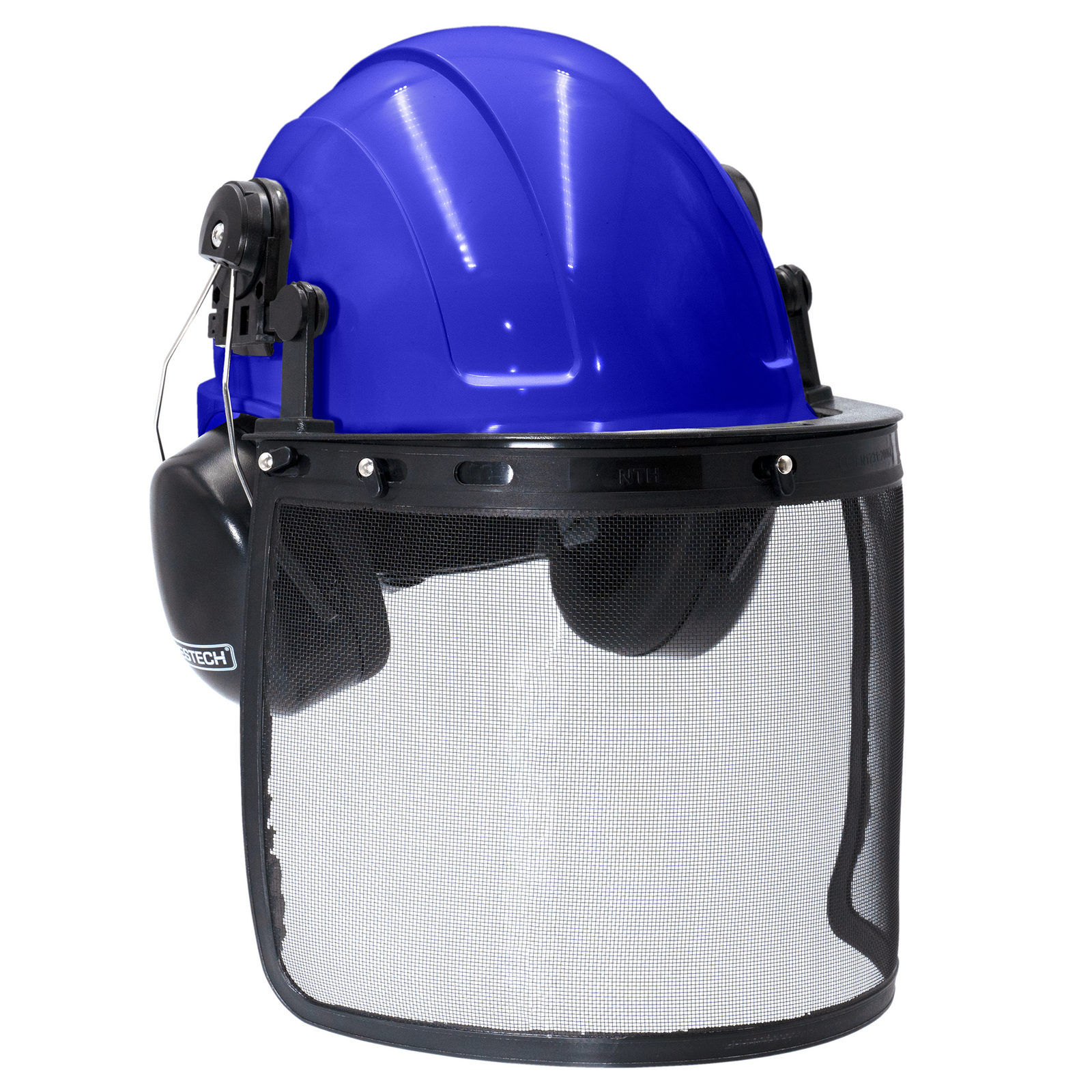 Blue safety cap style helmet with iron mesh face shield and earmuffs for hearing protection