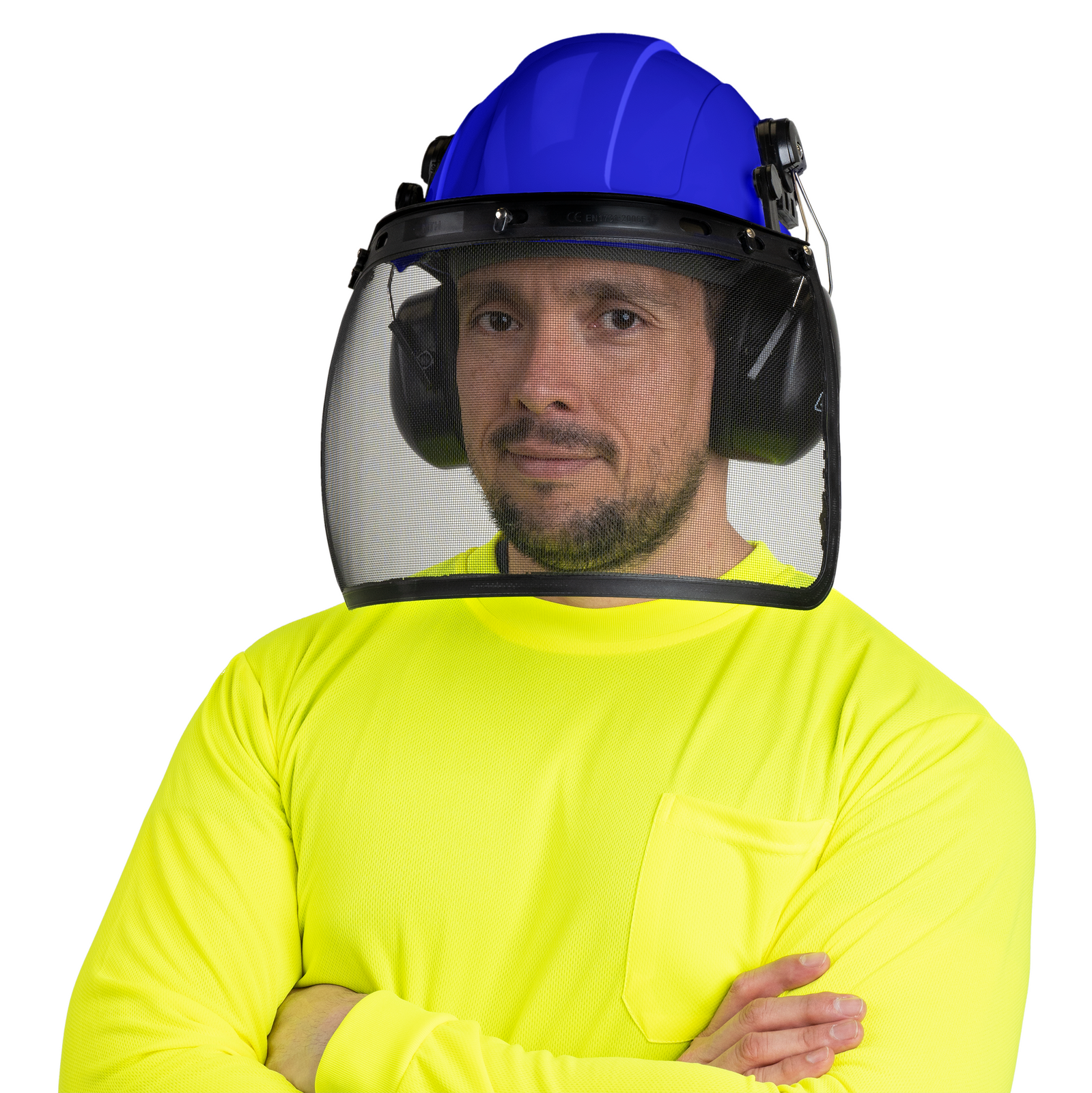 Man wearing a blue cap style hard hat safety kit with mounted earmuffs and iron mesh face shield