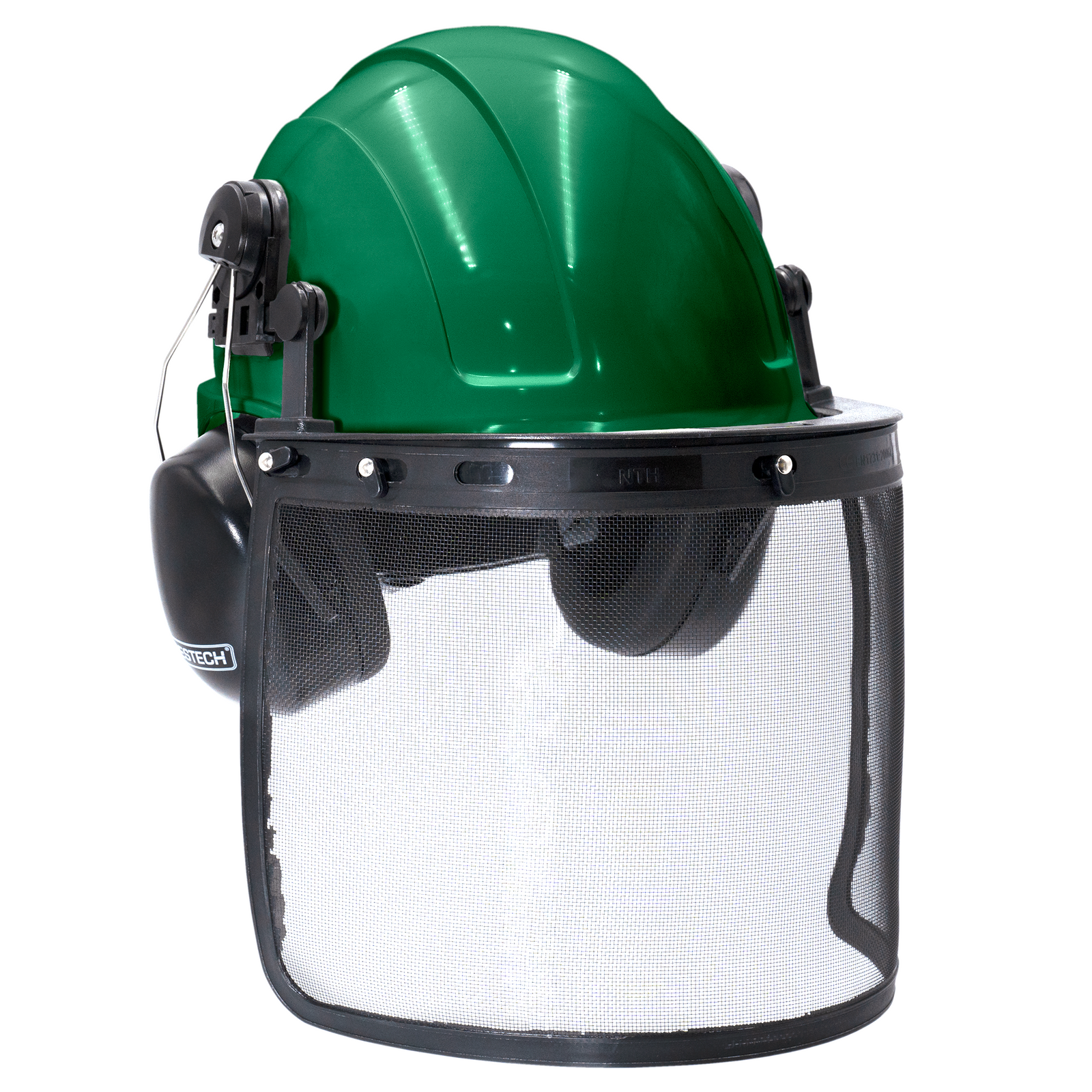 Green safety cap style helmet with iron mesh face shield and earmuffs for hearing protection