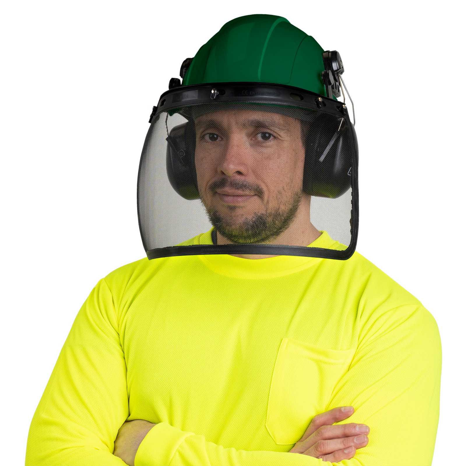 Man wearing a green cap style hard hat safety kit with mounted earmuffs and iron mesh face shield