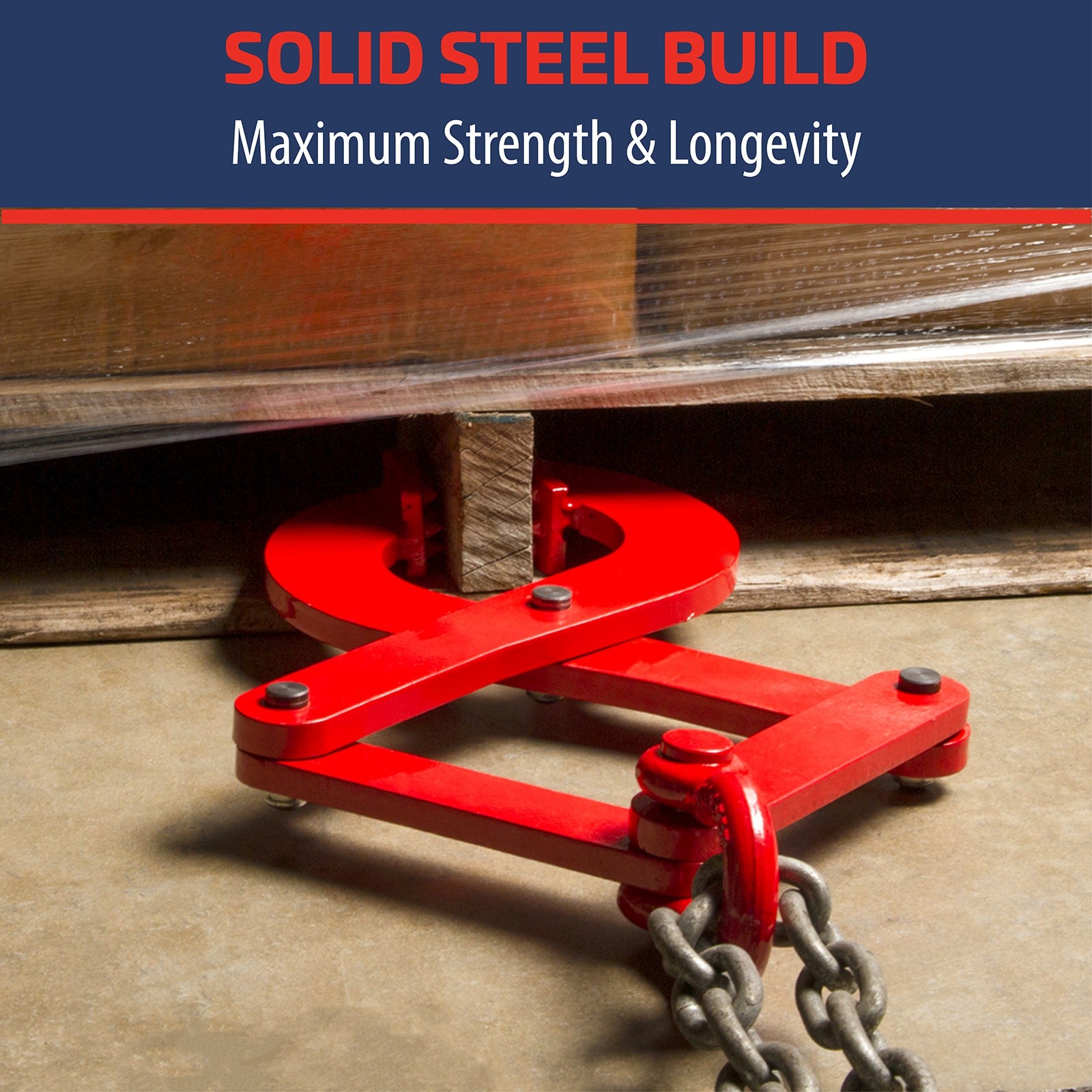 JORES TECHNOLOGIES® pallet clamp pulling a heavy pallet with a chain looped through the pallet puller. Top blue banner with red and white text that states: solid steel build, maximum strength & longevity.