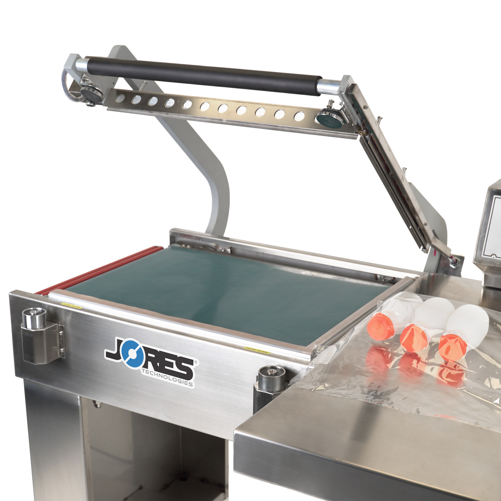  Stainless steel semi-automatic L bar heat sealer with conveyor to pack bundles of medium size plastic containers.