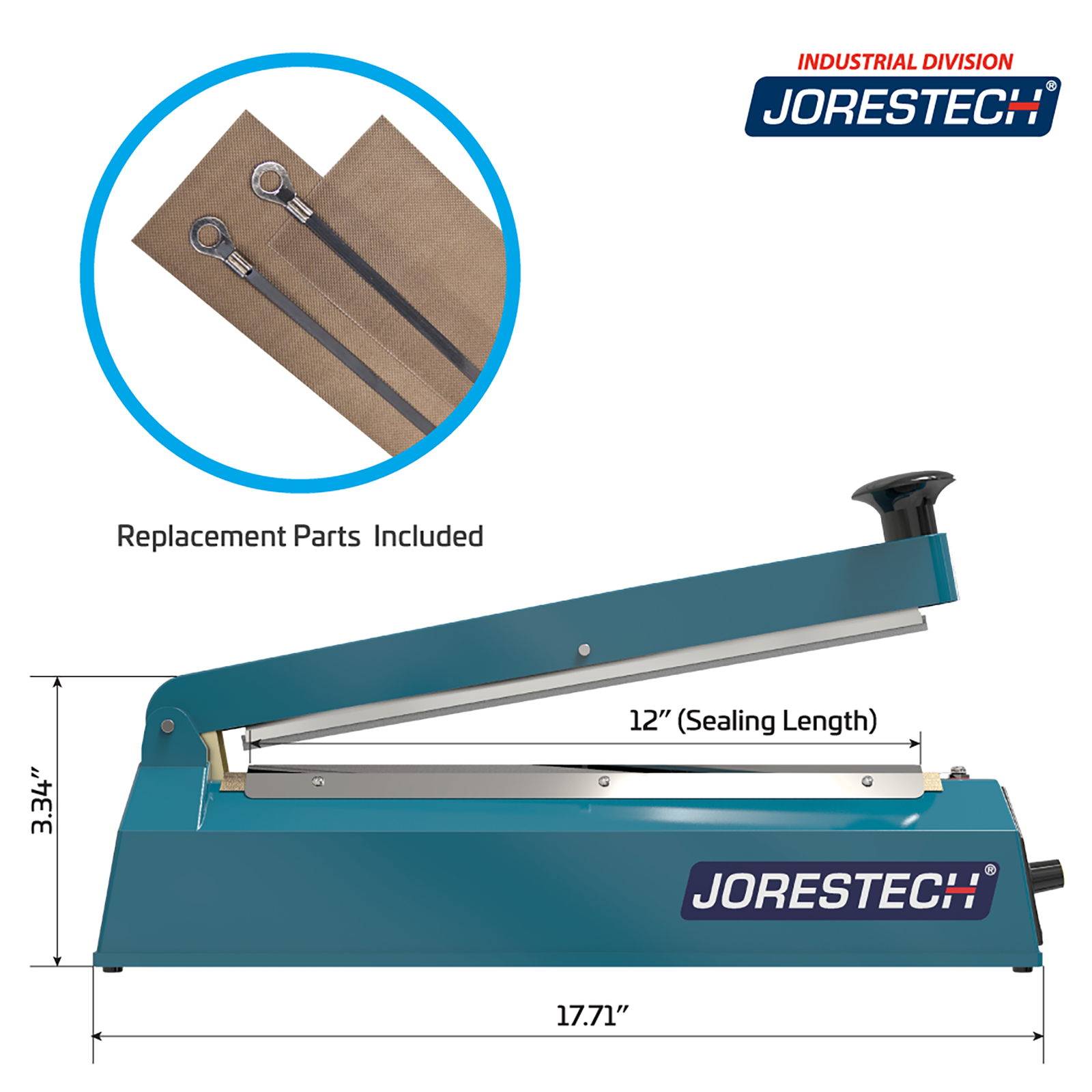 Infographic shows blue JORES TECHNOLOGIES® manual impulse sealer with machine measurements. Highlighted feature reads 