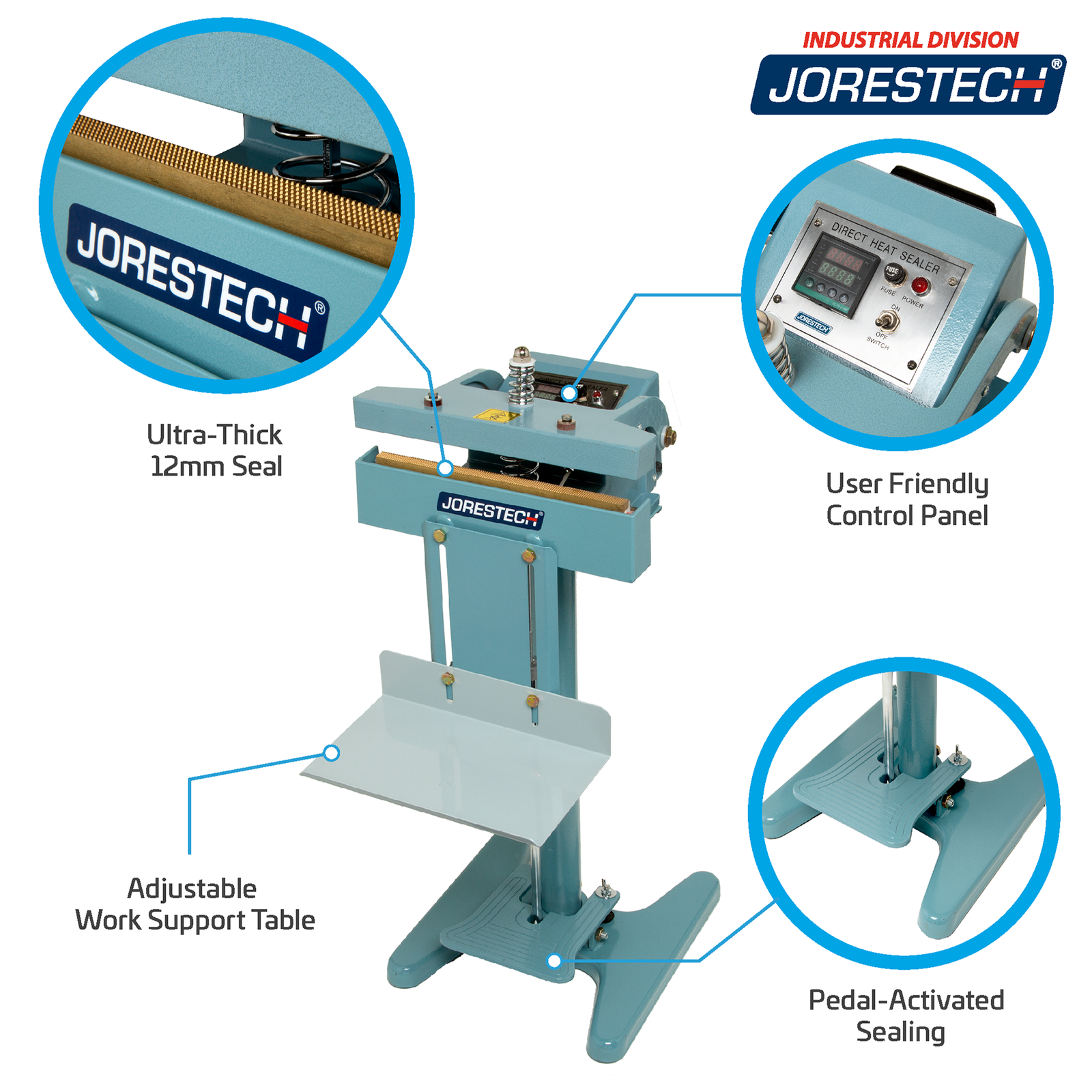 Infographic shows blue JORES TECHNOLOGIES® constant foot impulse bag sealer with text that reads: Constant Heat Sealing System, User Friendly Control Panel, Adjustable Work Support Table, and Pedal-Activated Sealing