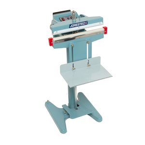 Blue foot impulse sealer over white background. Machine is shown with open sealing jaw and JORES TECHNOLOGIES® logo.