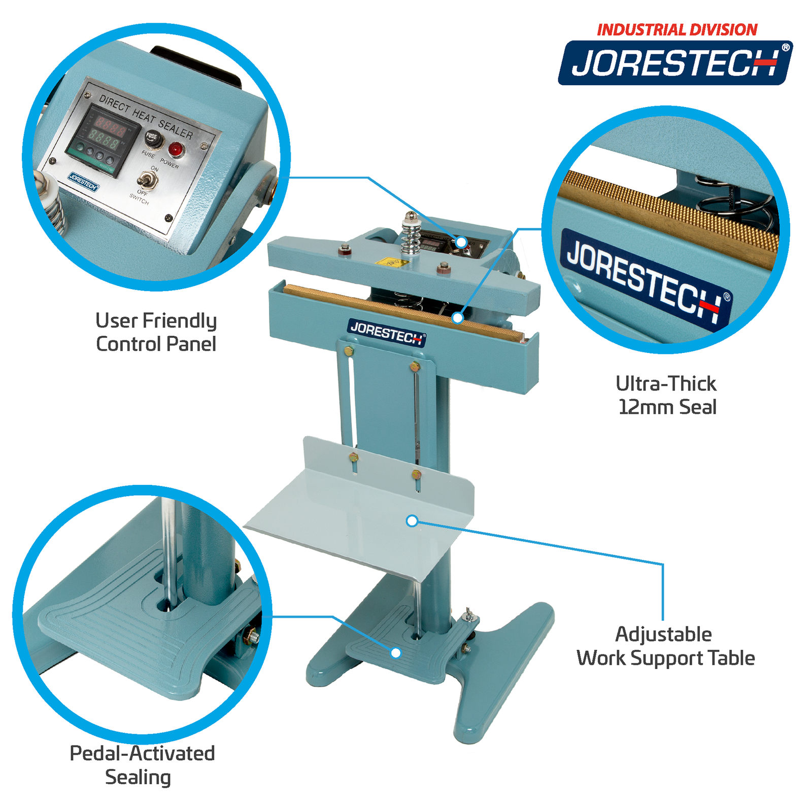 Constant foot impulse bag sealer with highlighted features:  User Friendly Control Panel, Adjustable Work Support Table, and Pedal-Activated Sealing. 