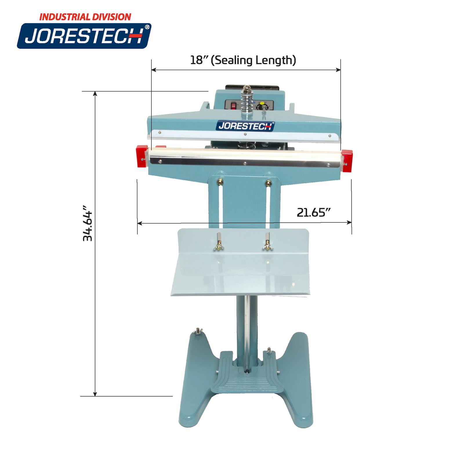 Infographic shows blue JORES TECHNOLOGIES® foot impulse sealer with machine measurements. Machine measurements are 21.65