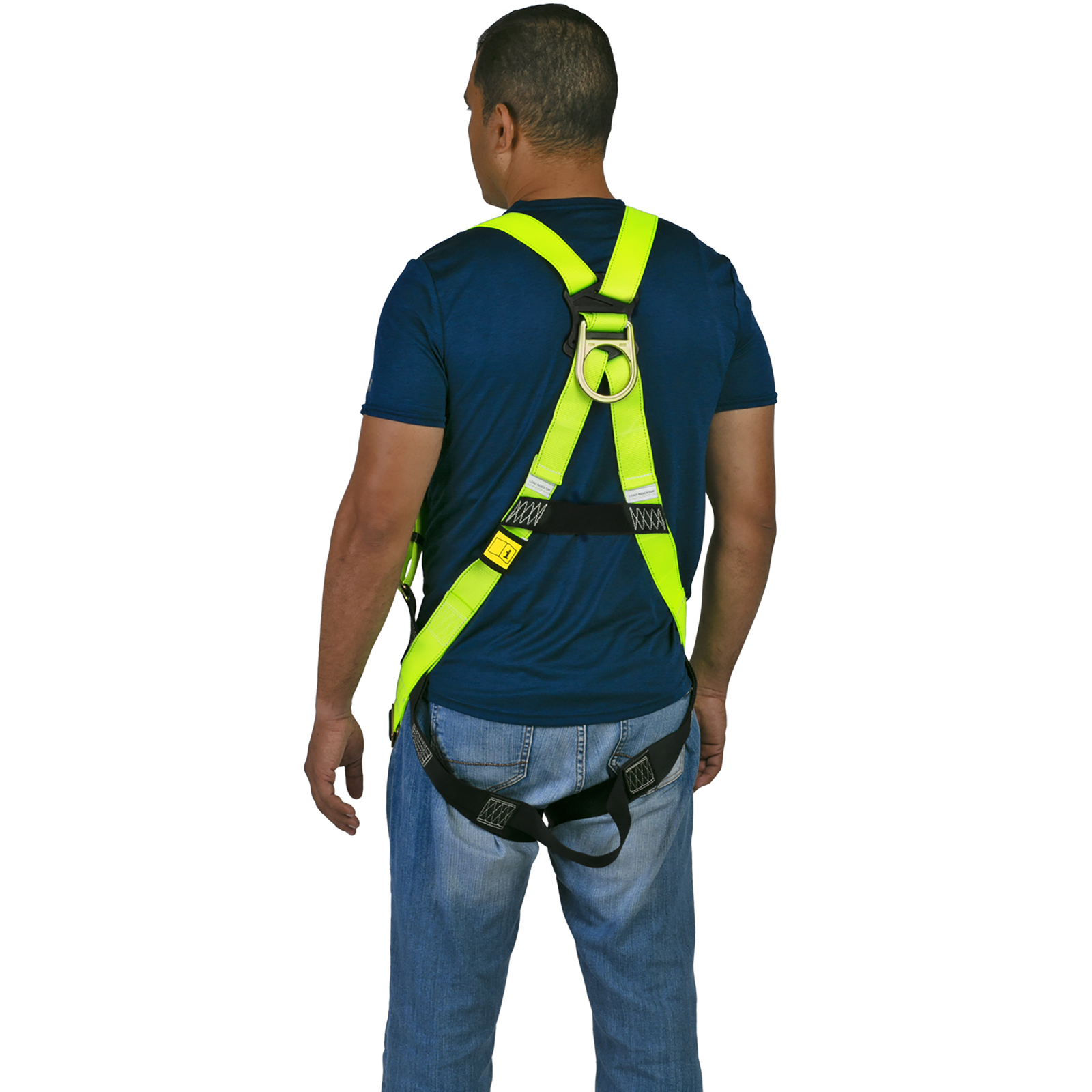 Back view of a person wearing the hi-vis yellow and black 1D fall protection safety body JORESTECH harness