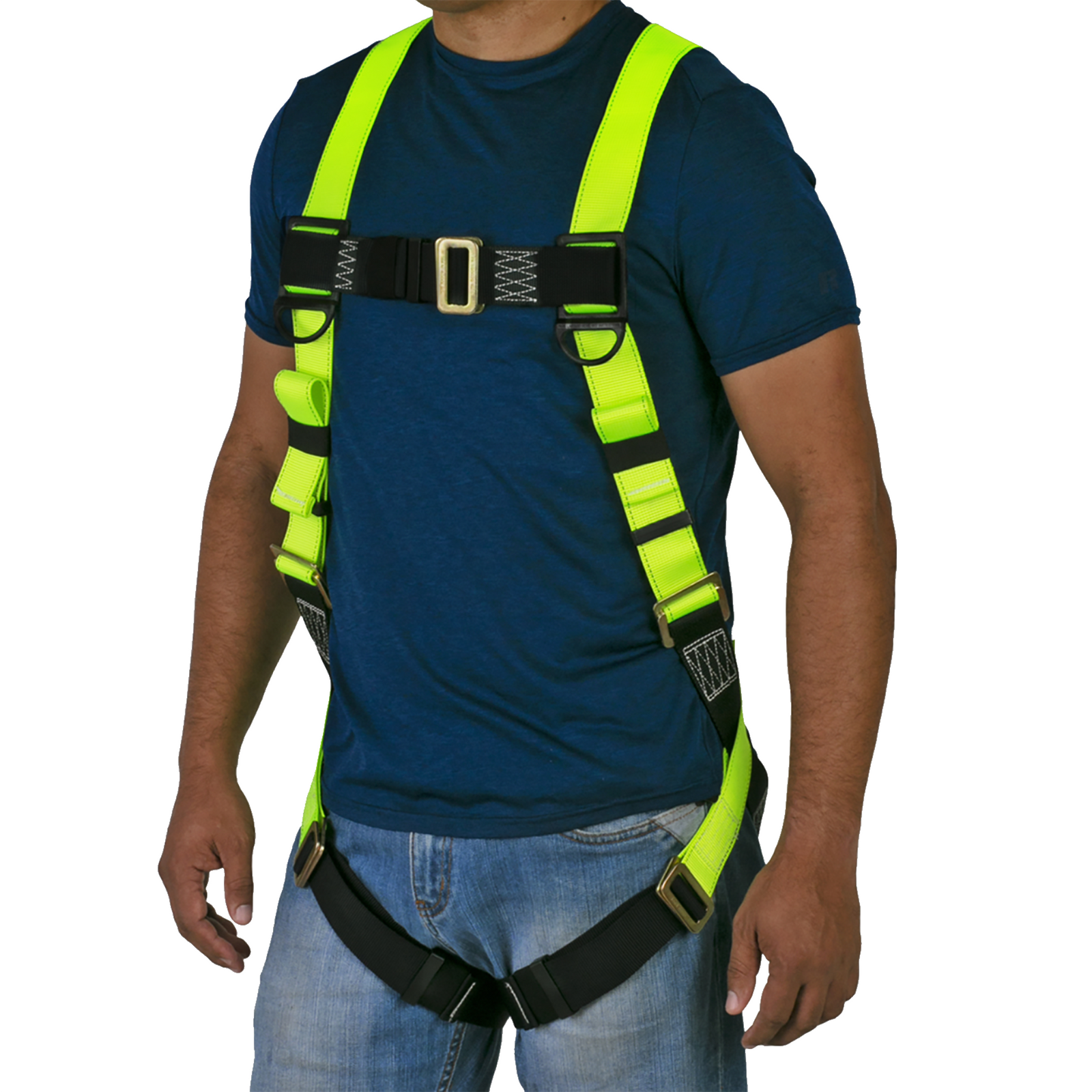 Front view of the torso of a person wearing the hi-vis yellow and black 1D fall protection safety body JORESTECH harness