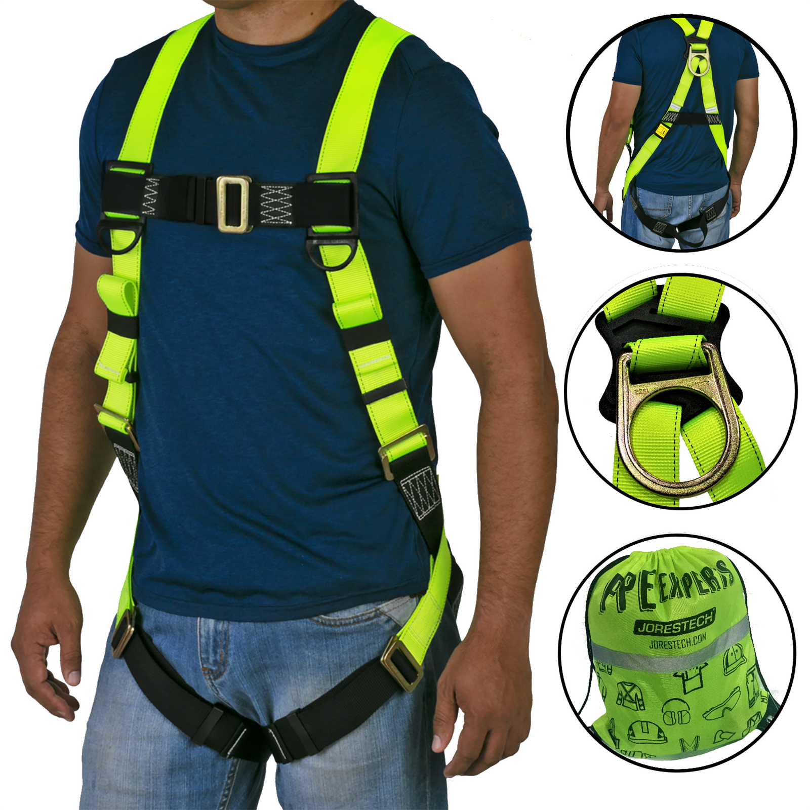 The torso of a person wearing the hi-vis yellow and black 1D fall protection safety body JORESTECH harness. Close-ups show the back view of the same person wearing the harness,  the back ring and a the hi-vis lime carry bag that is included with the harness