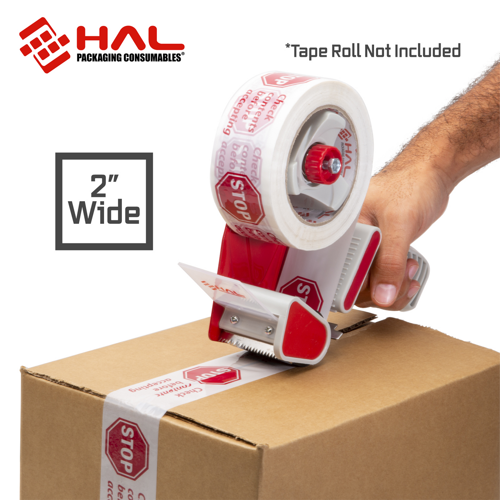 man closing box with red and white tape dispenser using white tape with stop sign and red HAL logo. grey box graphic with text: 2