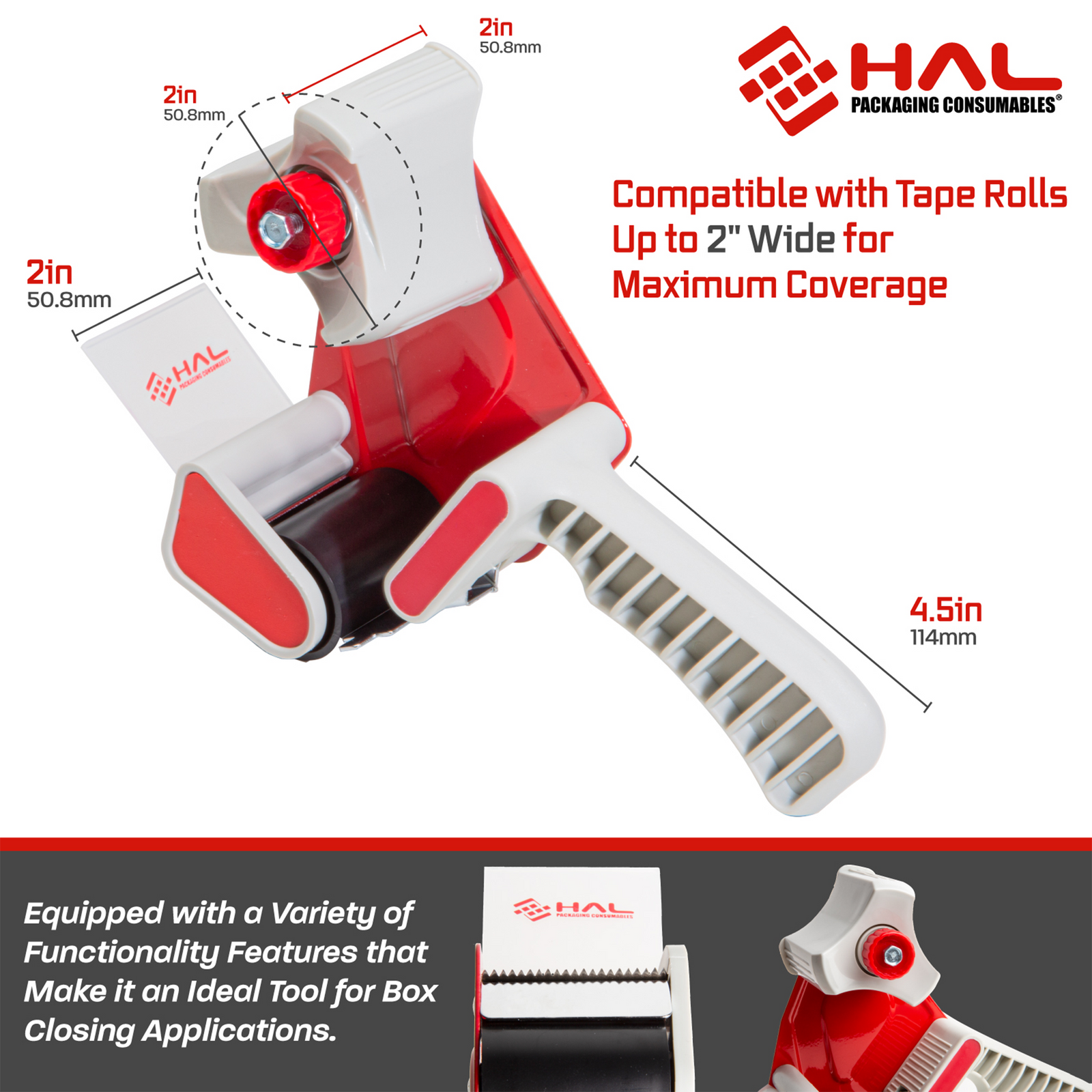 Diagram showing tape dimensions compatible with white and red tape dispenser in red text